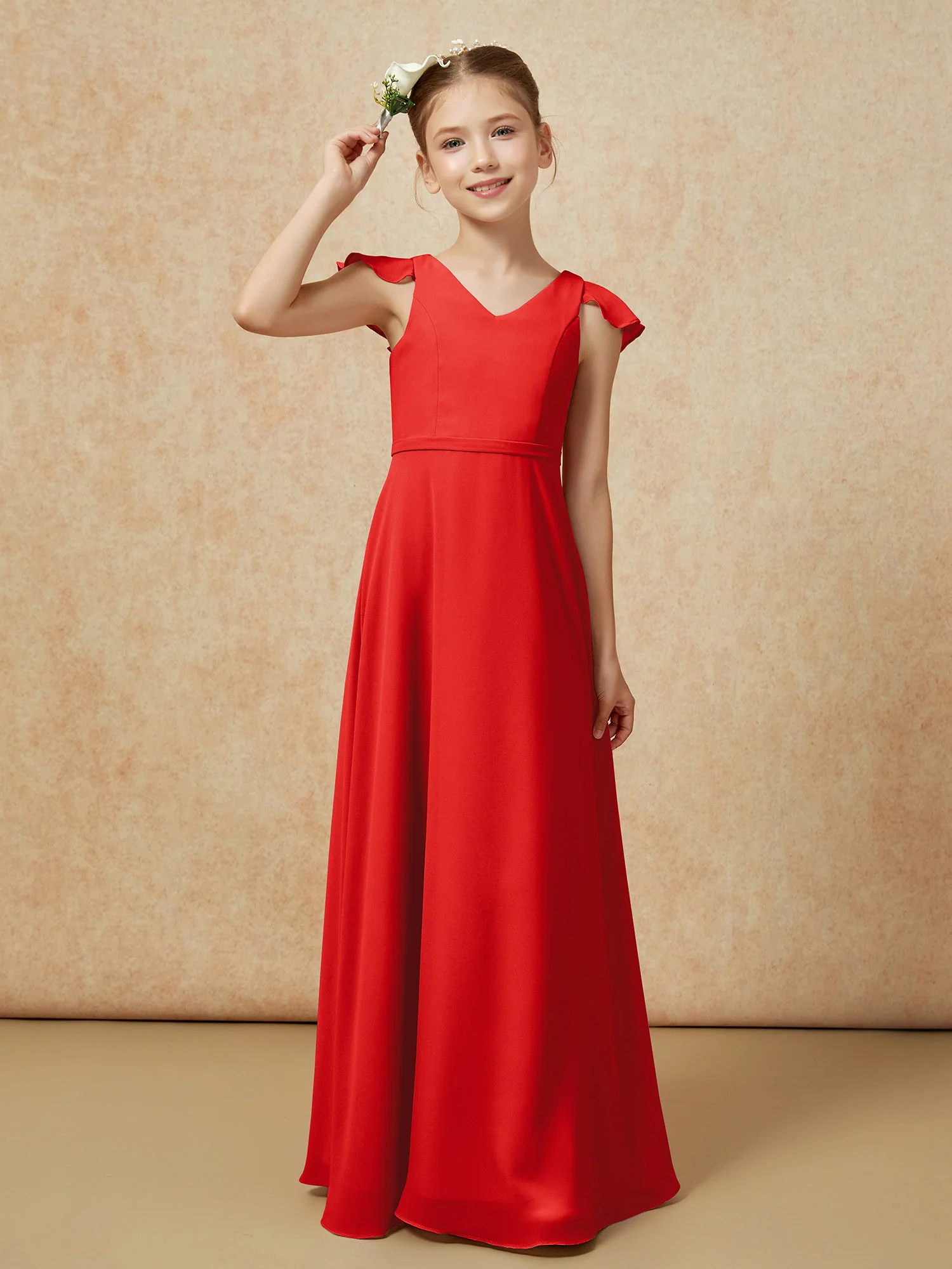 Flutter Sleeves Chiffon A-Line Junior Bridesmaid Dresses Red - Image 6