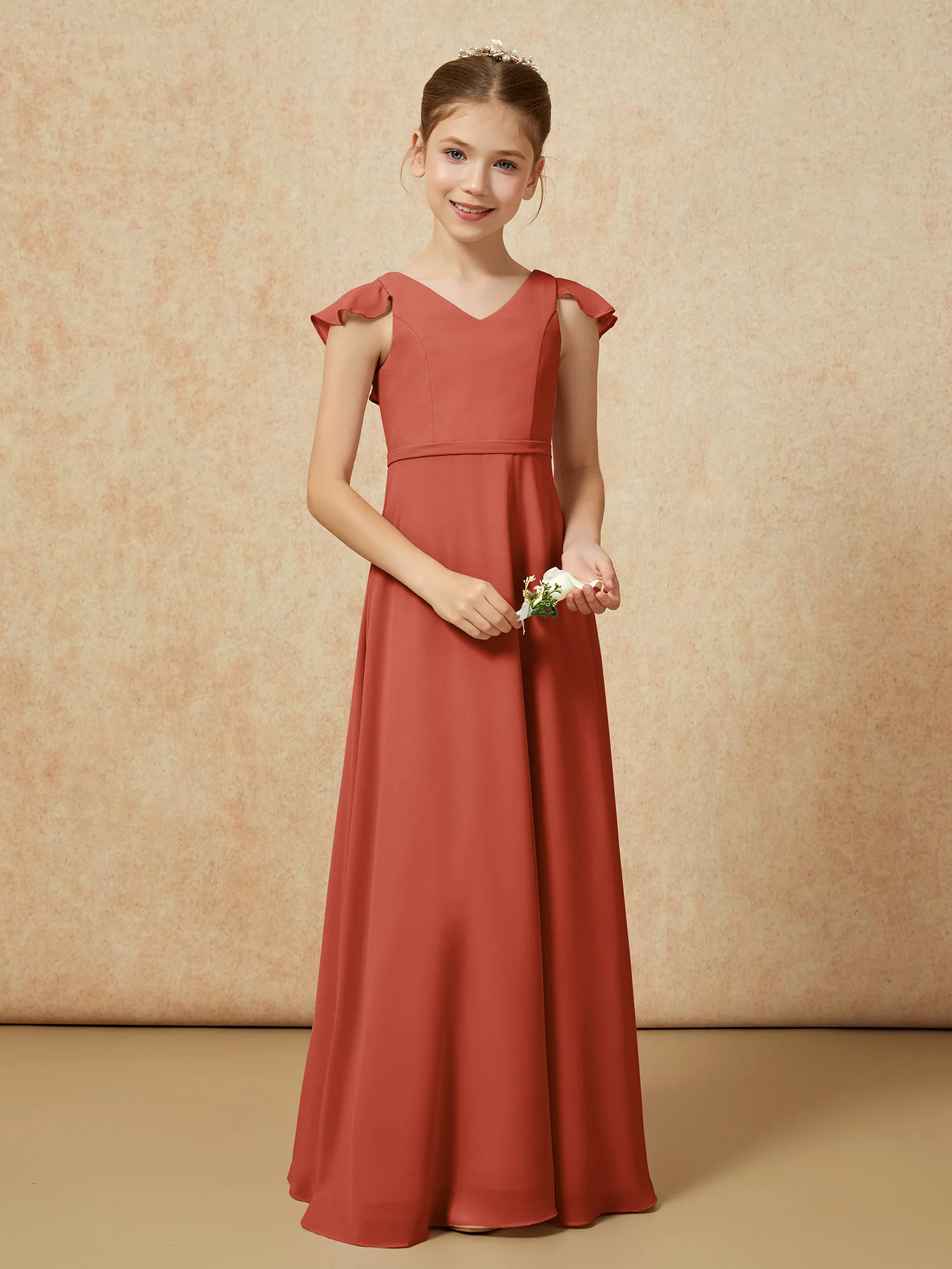 Flutter Sleeves Chiffon A-Line Junior Bridesmaid Dresses Rust - Image 5