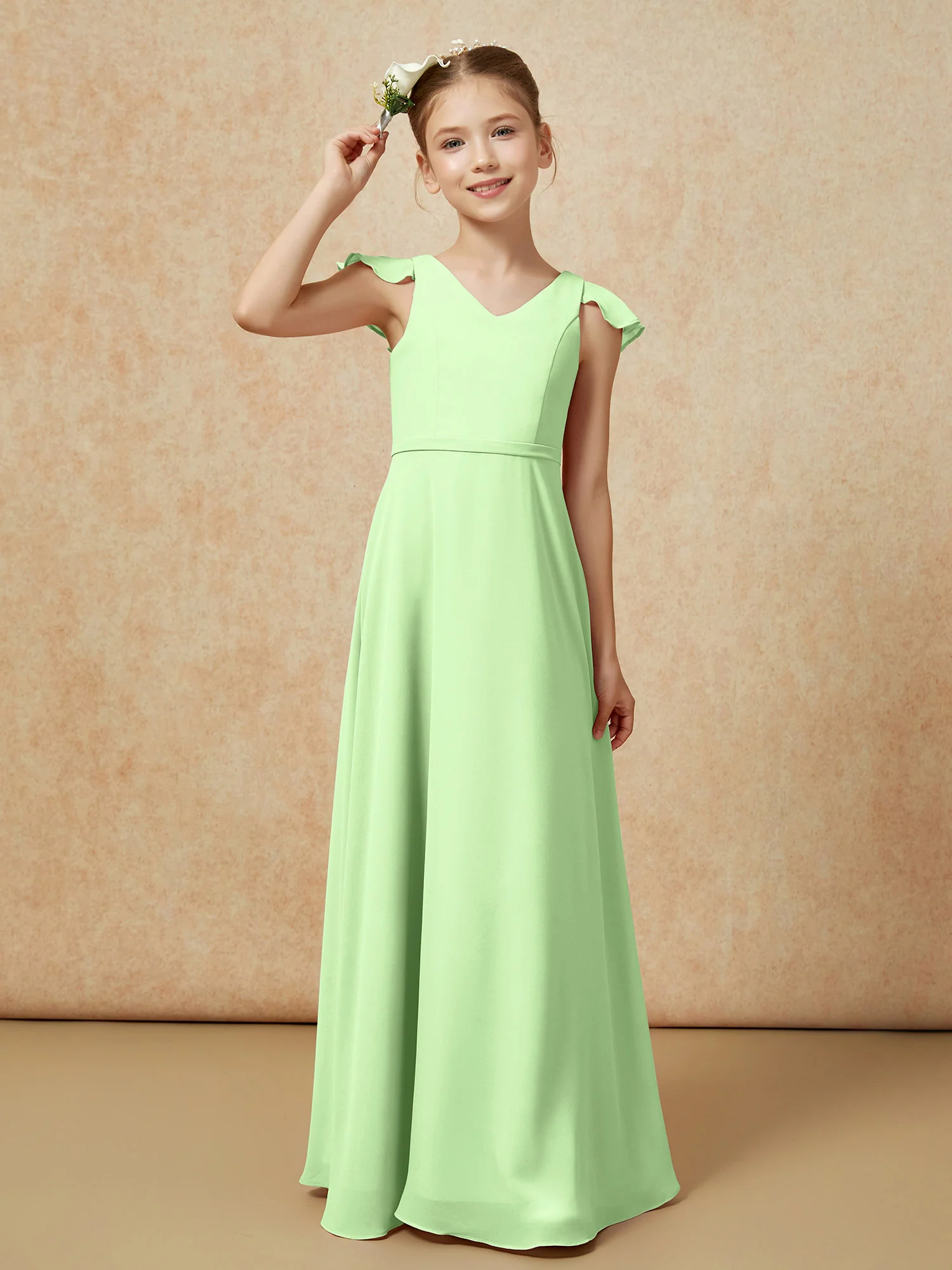 Flutter Sleeves Chiffon A-Line Junior Bridesmaid Dresses Sage - Image 6