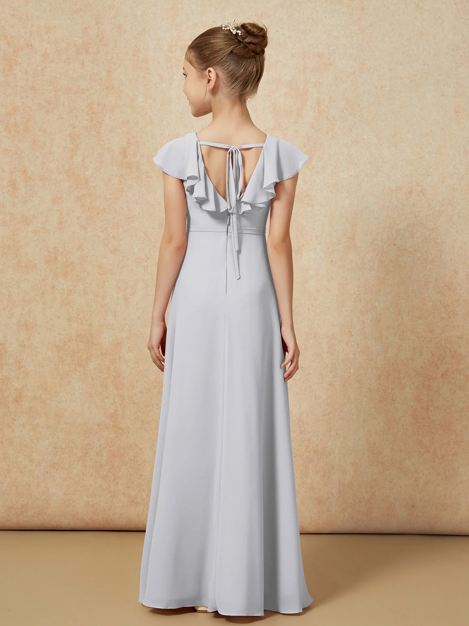 Flutter Sleeves Chiffon A-Line Junior Bridesmaid Dresses Silver - Image 2