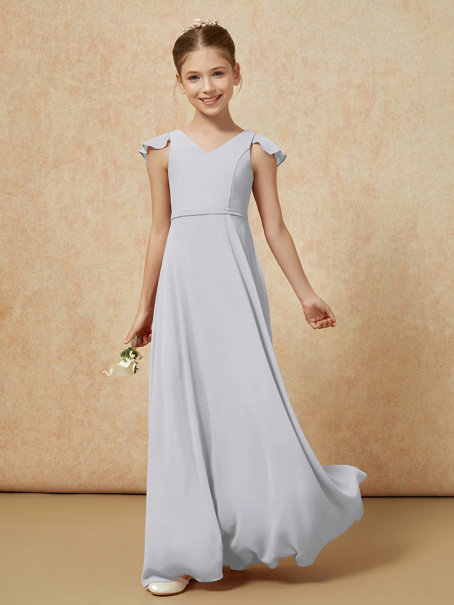 Flutter Sleeves Chiffon A-Line Junior Bridesmaid Dresses Silver - Image 3
