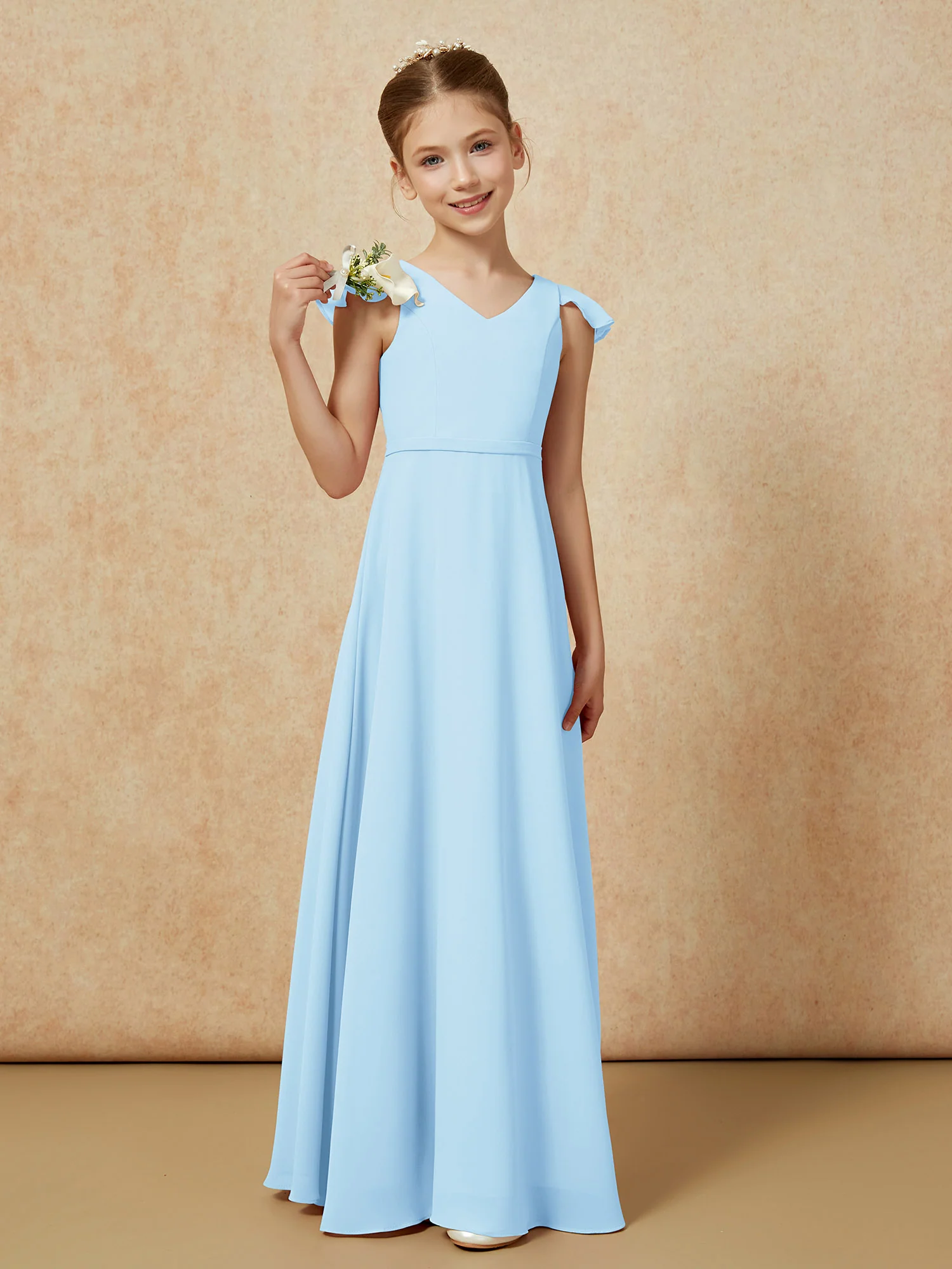 Flutter Sleeves Chiffon A-Line Junior Bridesmaid Dresses Sky Blue
