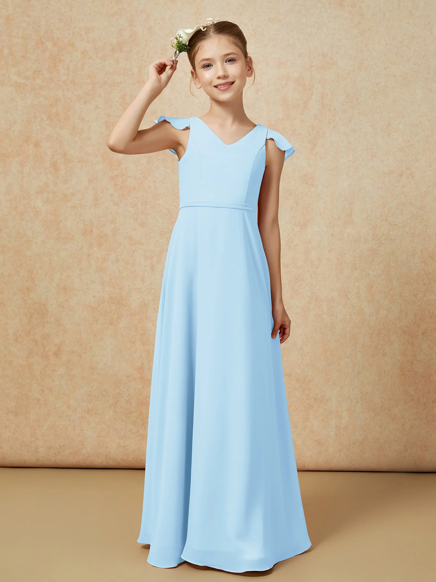 Flutter Sleeves Chiffon A-Line Junior Bridesmaid Dresses Sky Blue - Image 6