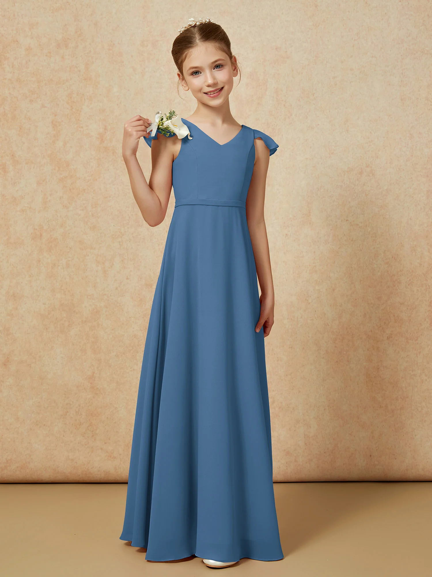 Flutter Sleeves Chiffon A-Line Junior Bridesmaid Dresses Slate Blue