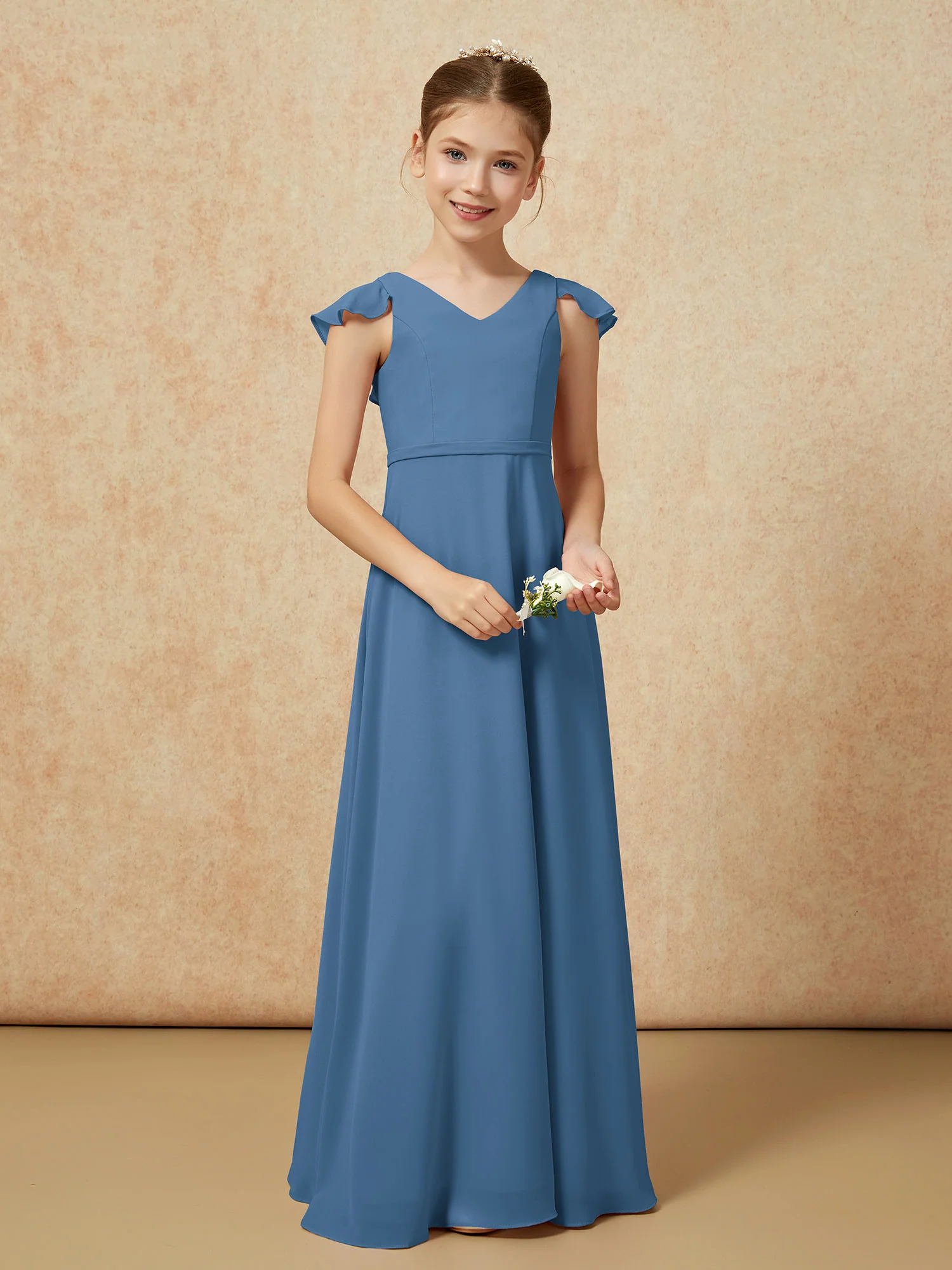 Flutter Sleeves Chiffon A-Line Junior Bridesmaid Dresses Slate Blue - Image 5