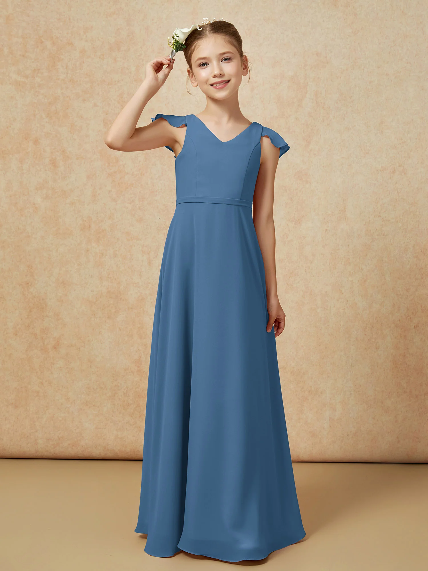 Flutter Sleeves Chiffon A-Line Junior Bridesmaid Dresses Slate Blue - Image 6