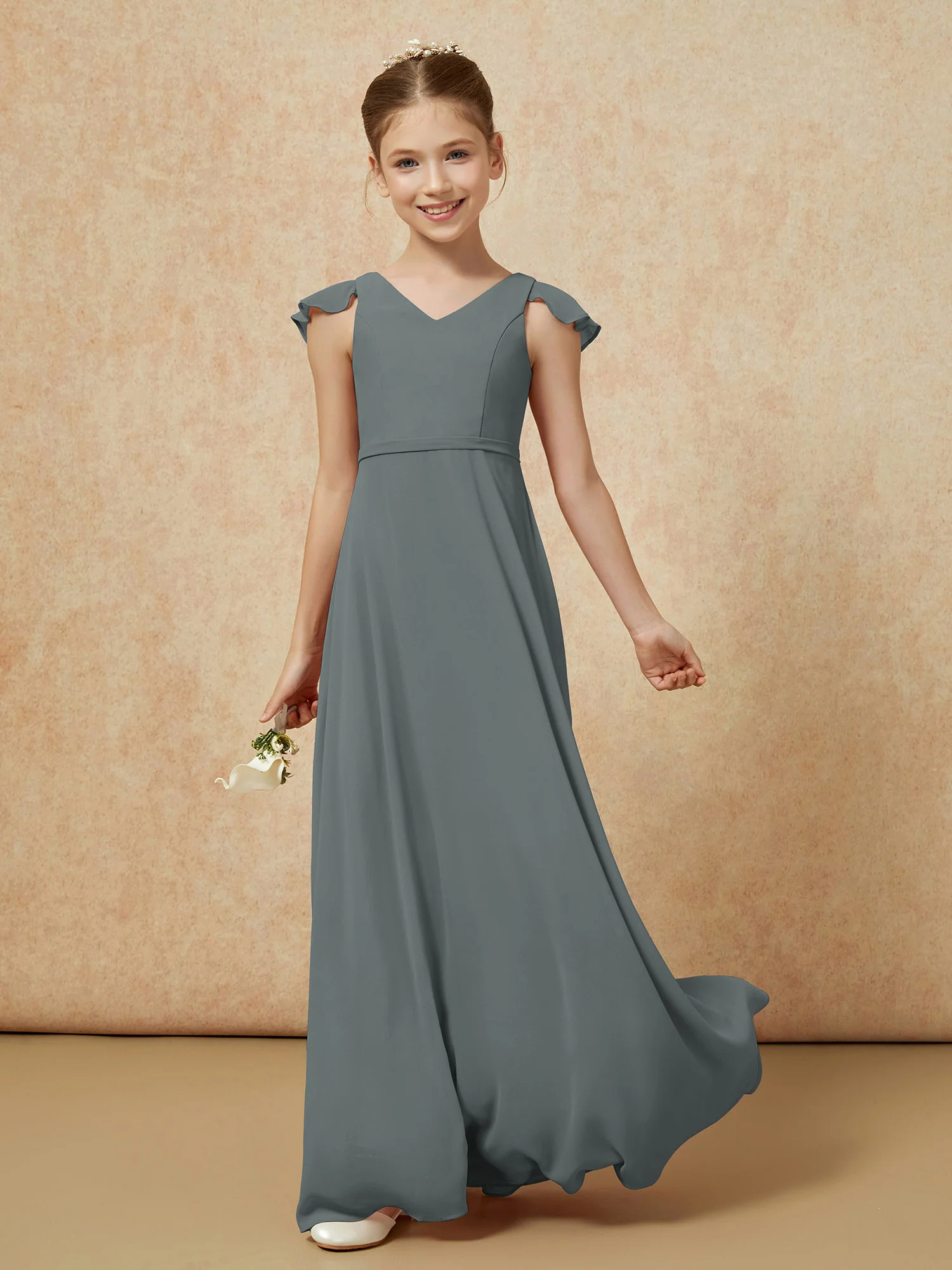Flutter Sleeves Chiffon A-Line Junior Bridesmaid Dresses Steel Grey - Image 3