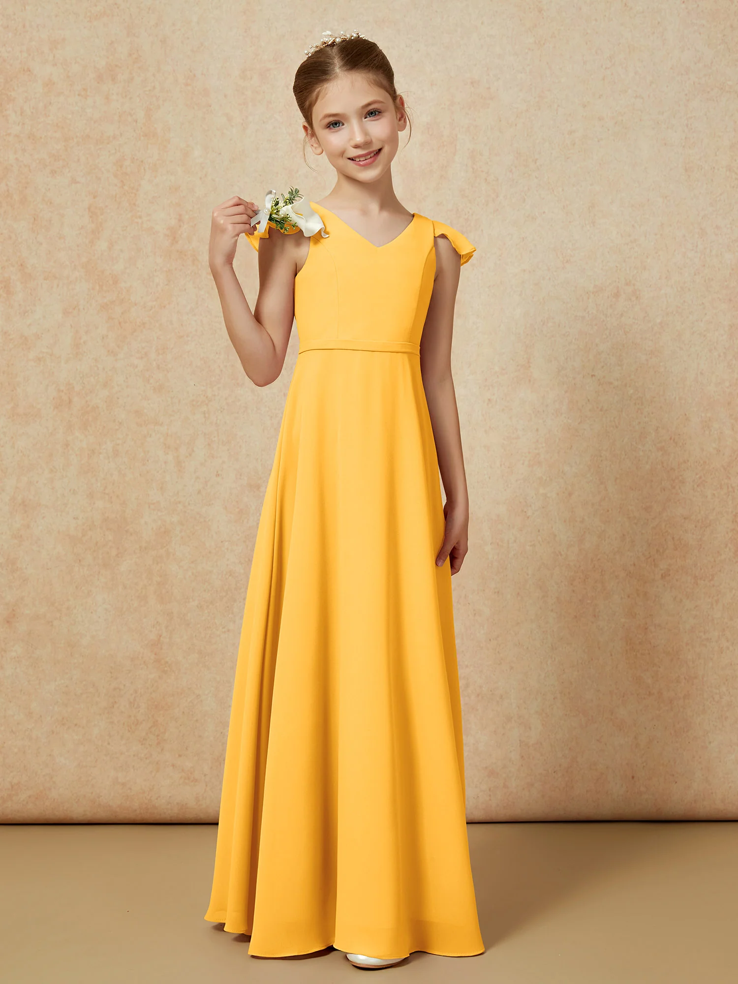 Flutter Sleeves Chiffon A-Line Junior Bridesmaid Dresses Tangerine