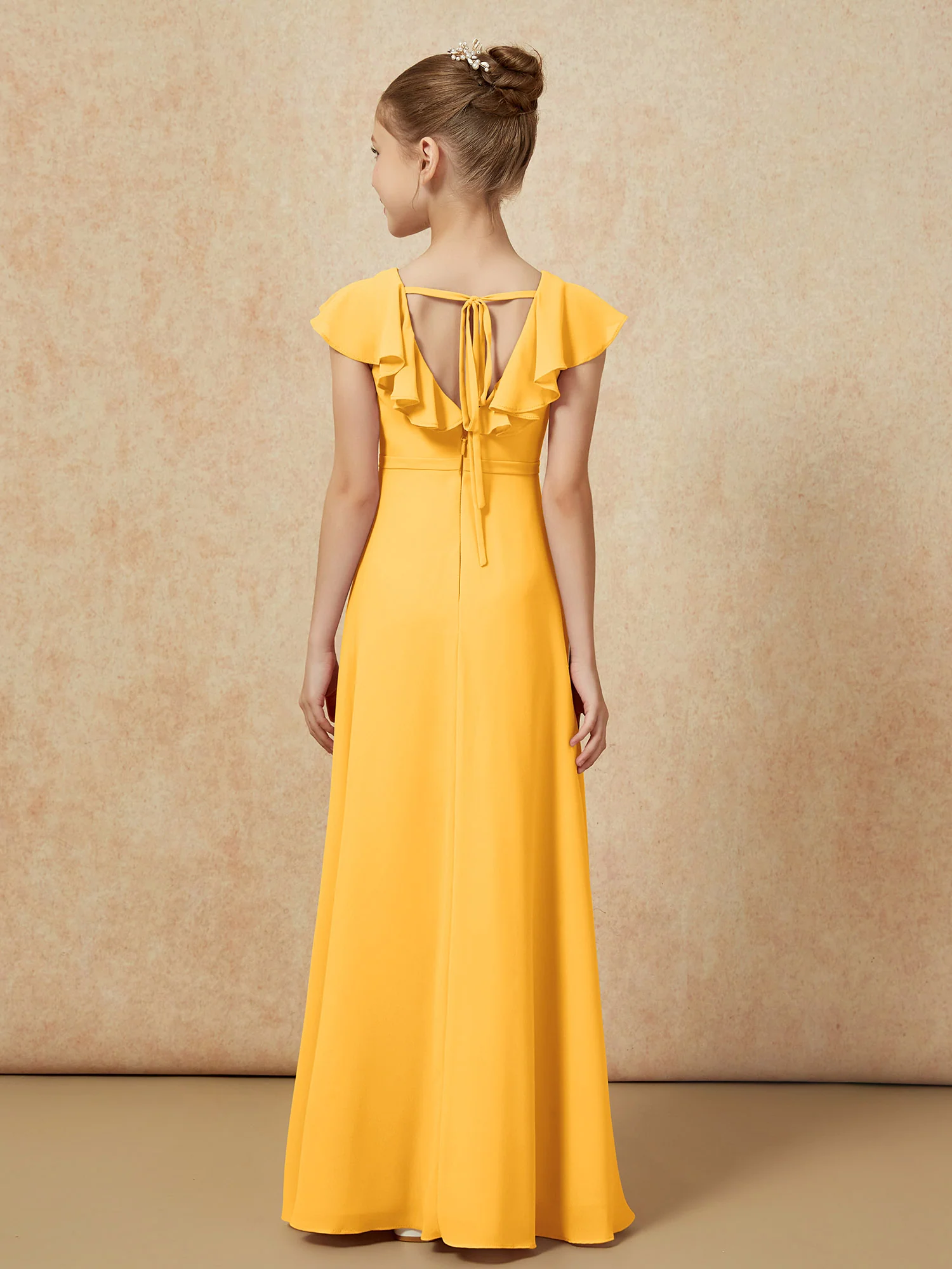 Flutter Sleeves Chiffon A-Line Junior Bridesmaid Dresses Tangerine - Image 2