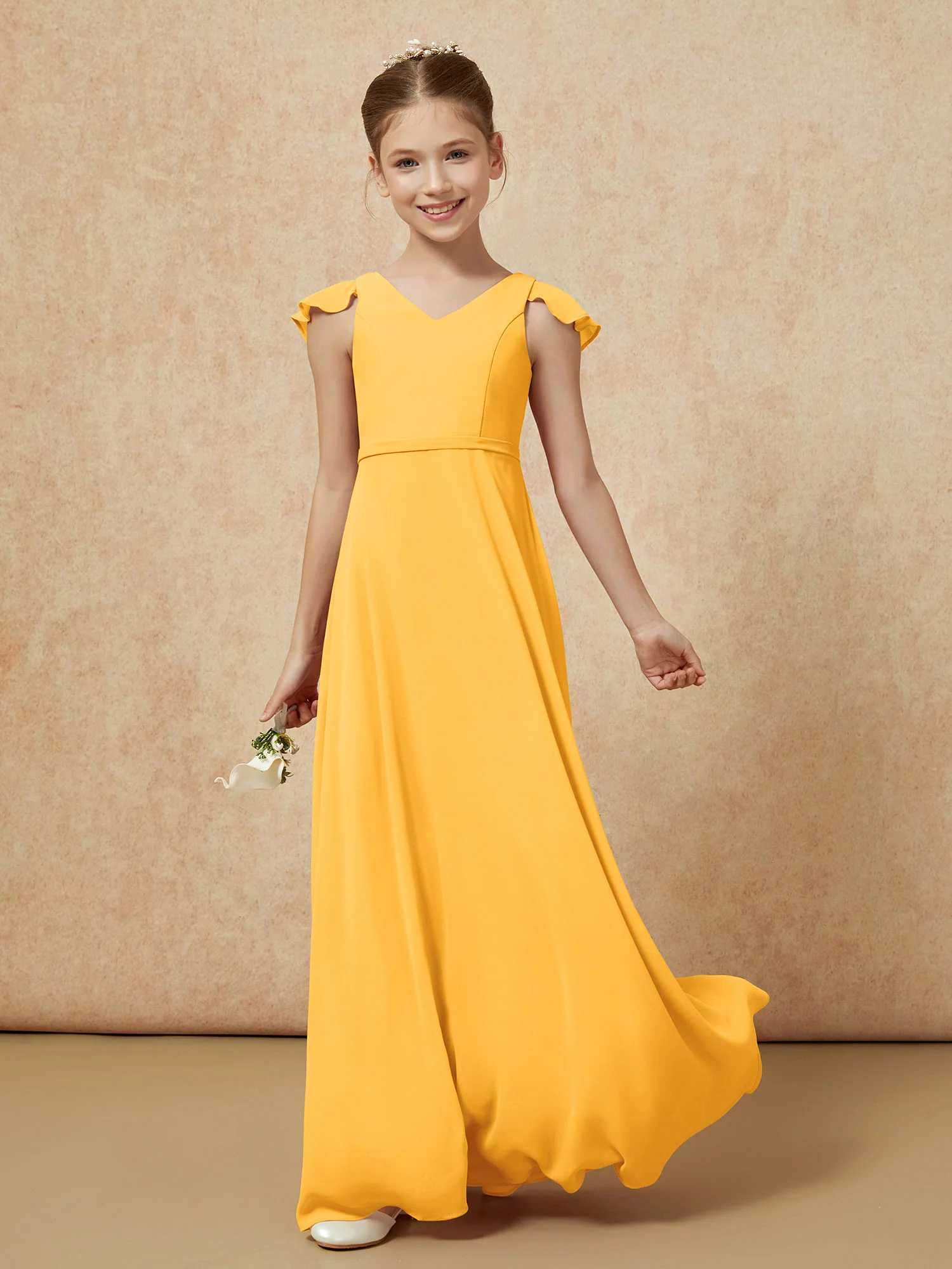 Flutter Sleeves Chiffon A-Line Junior Bridesmaid Dresses Tangerine - Image 3