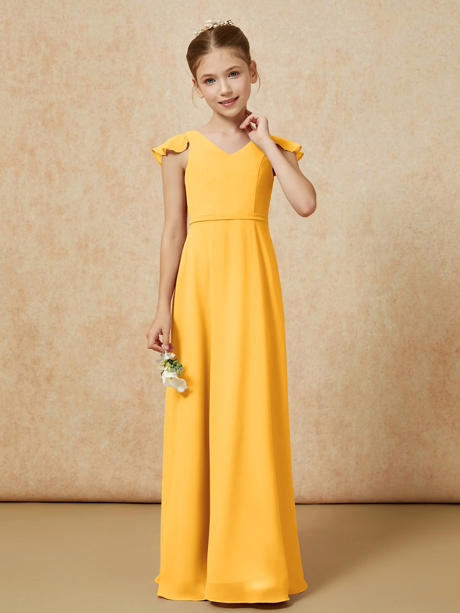 Flutter Sleeves Chiffon A-Line Junior Bridesmaid Dresses Tangerine - Image 4