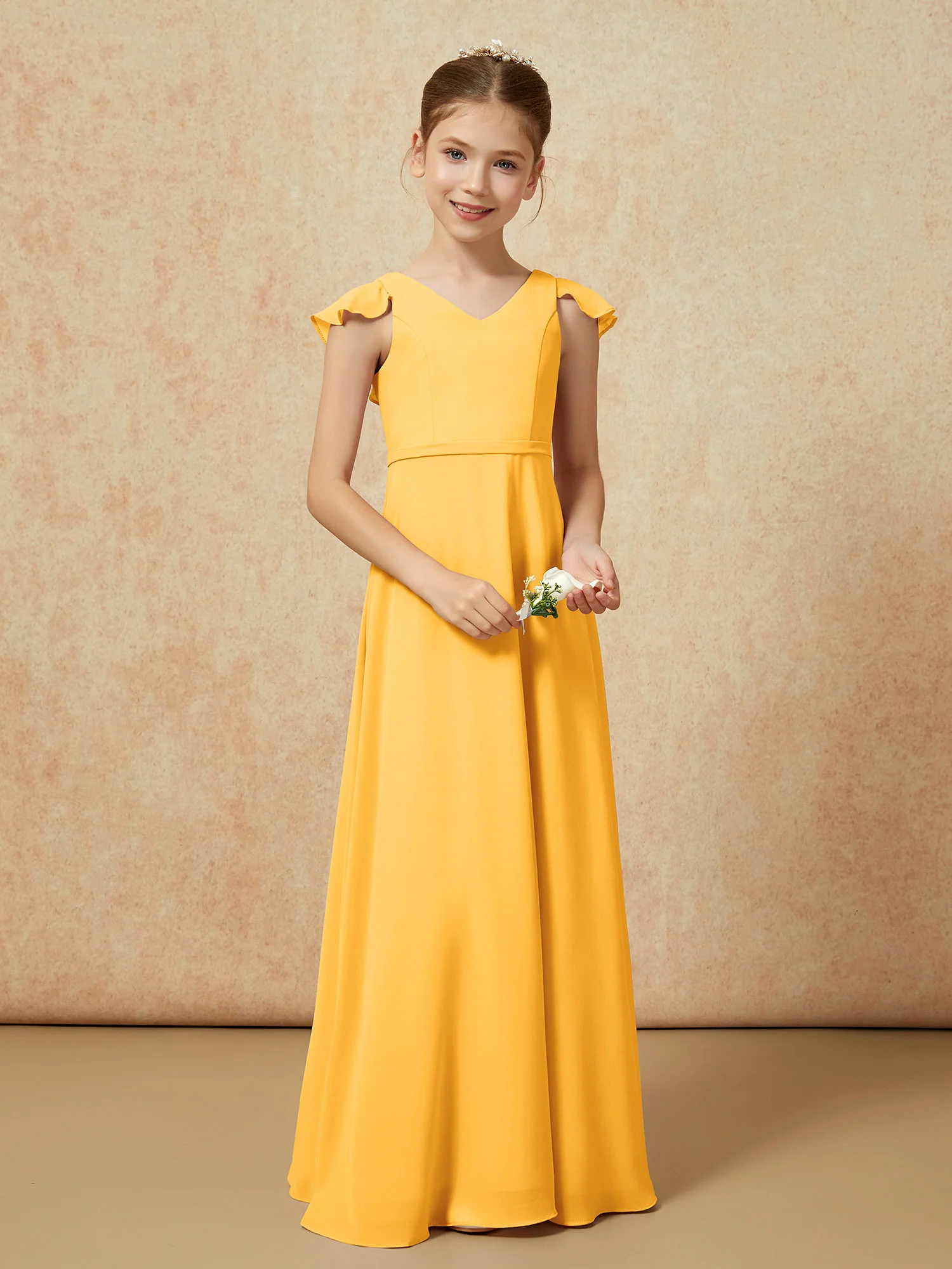 Flutter Sleeves Chiffon A-Line Junior Bridesmaid Dresses Tangerine - Image 5