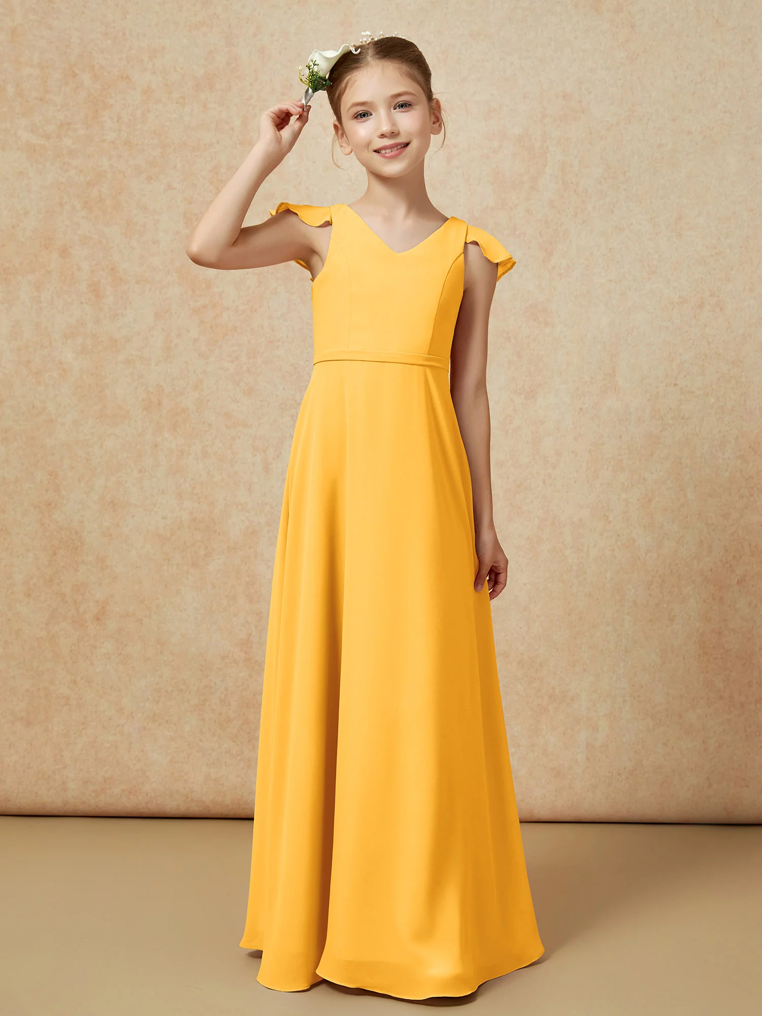 Flutter Sleeves Chiffon A-Line Junior Bridesmaid Dresses Tangerine - Image 6
