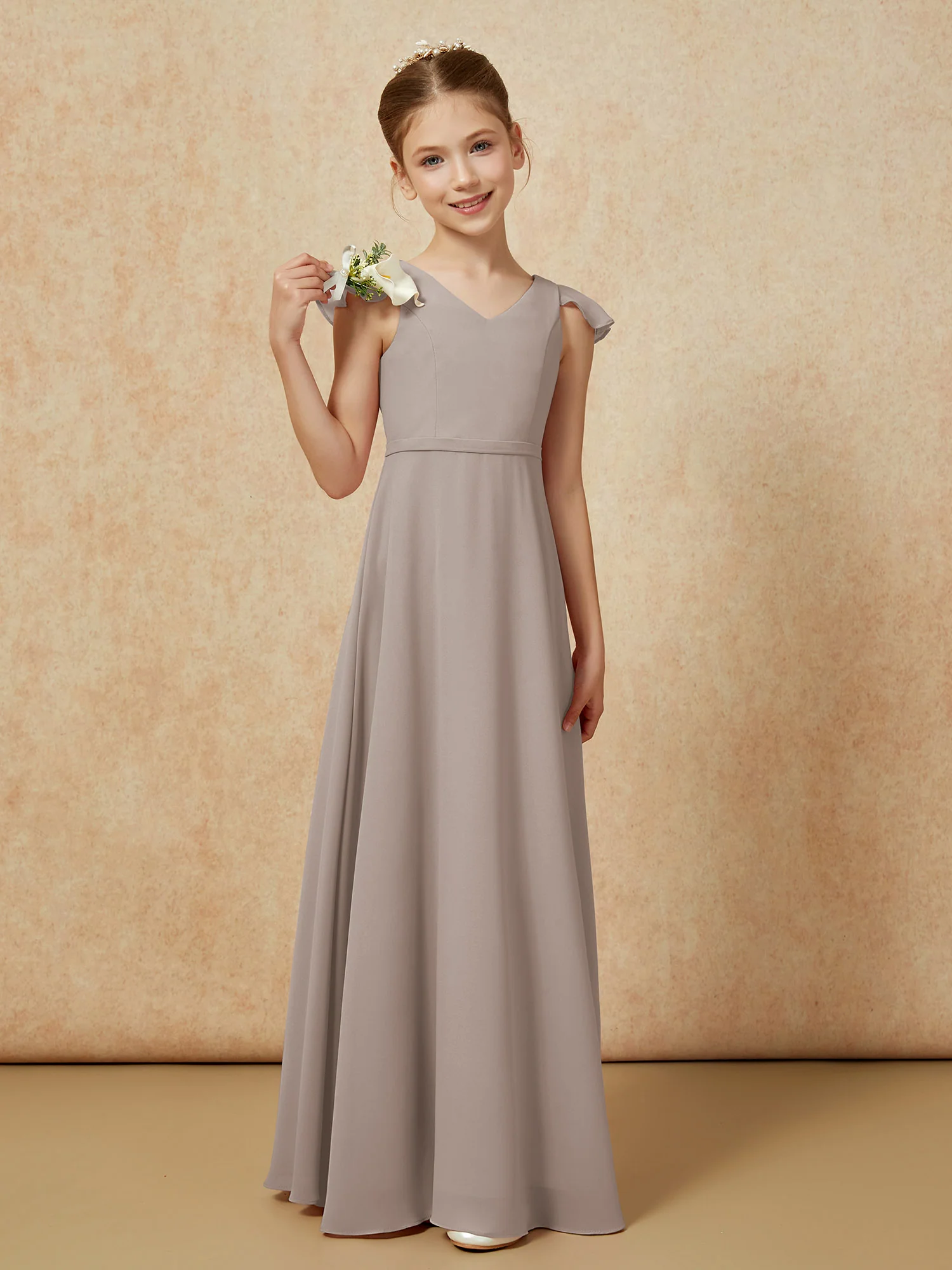 Flutter Sleeves Chiffon A-Line Junior Bridesmaid Dresses Taupe