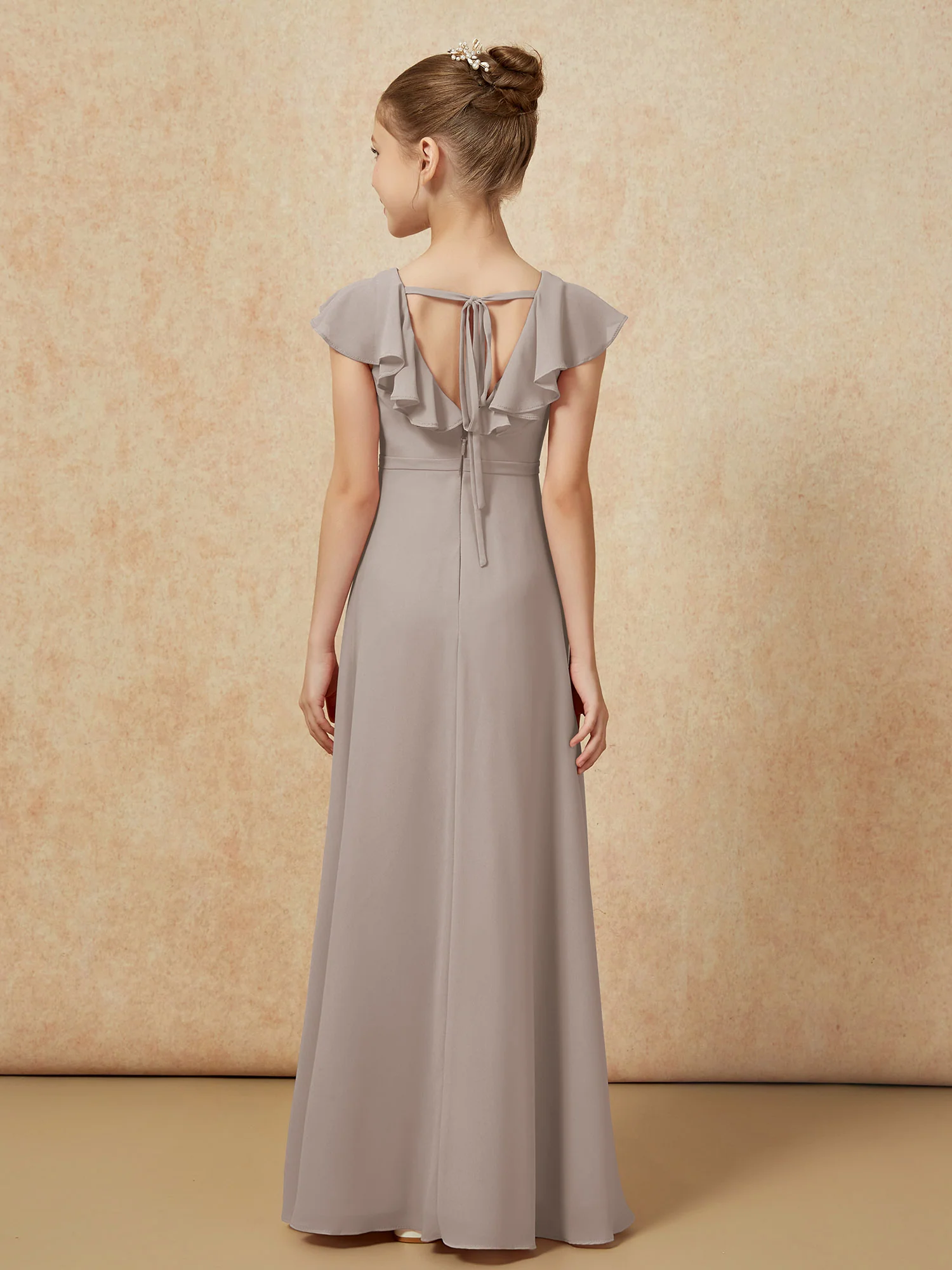 Flutter Sleeves Chiffon A-Line Junior Bridesmaid Dresses Taupe - Image 2