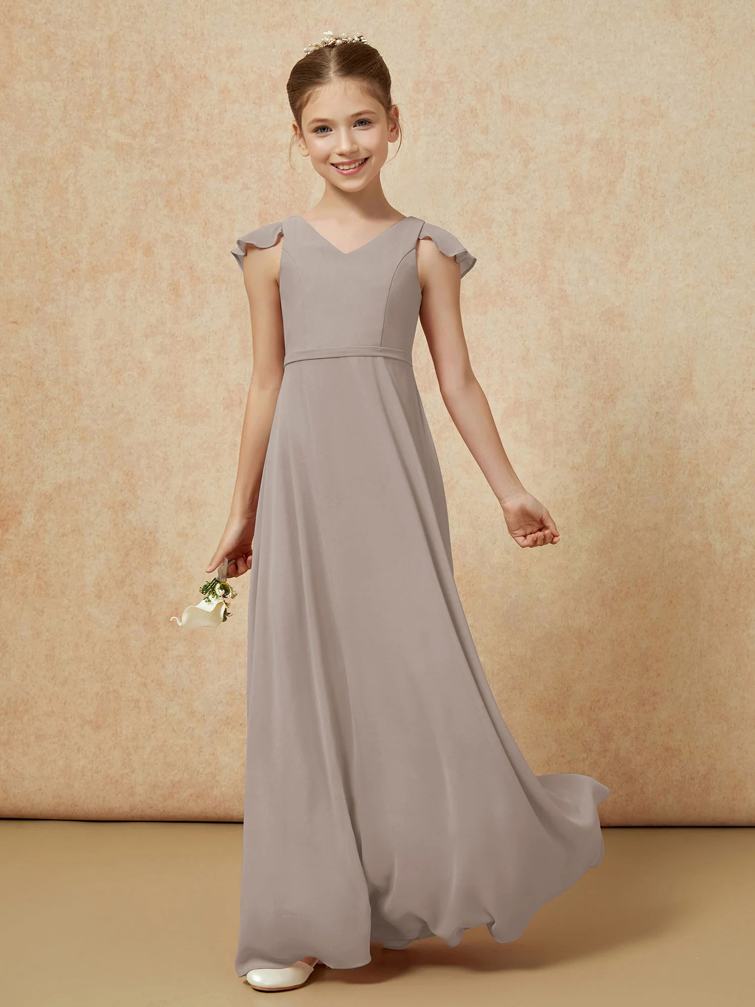 Flutter Sleeves Chiffon A-Line Junior Bridesmaid Dresses Taupe - Image 3