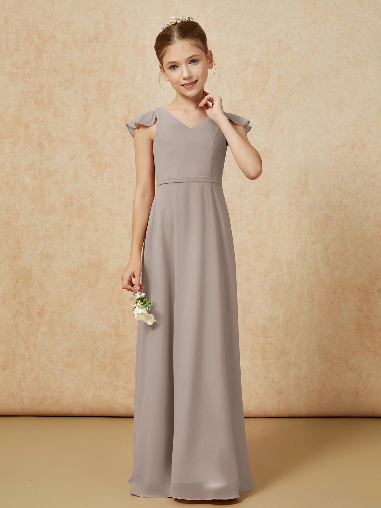 Flutter Sleeves Chiffon A-Line Junior Bridesmaid Dresses Taupe - Image 4