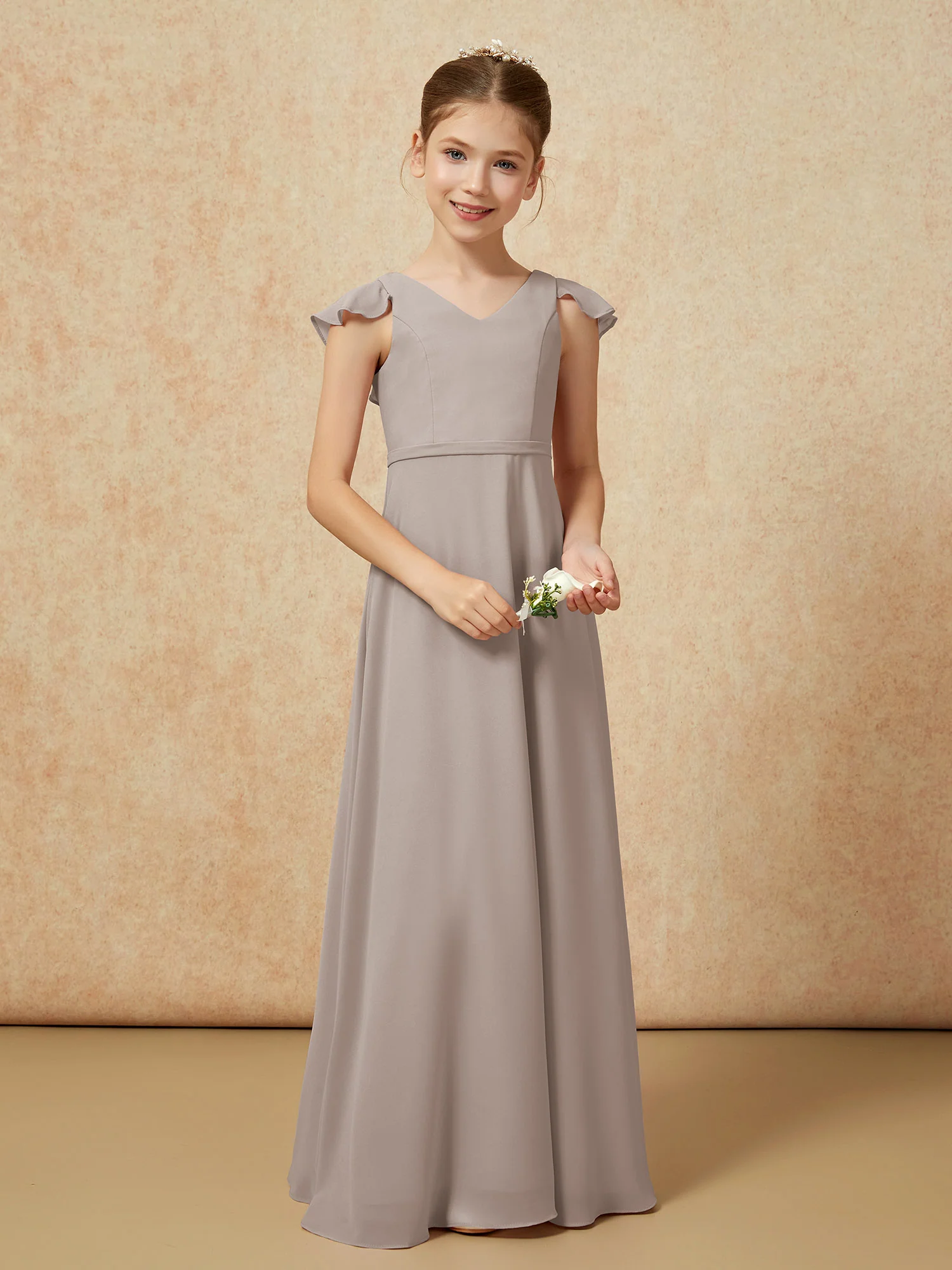 Flutter Sleeves Chiffon A-Line Junior Bridesmaid Dresses Taupe - Image 5