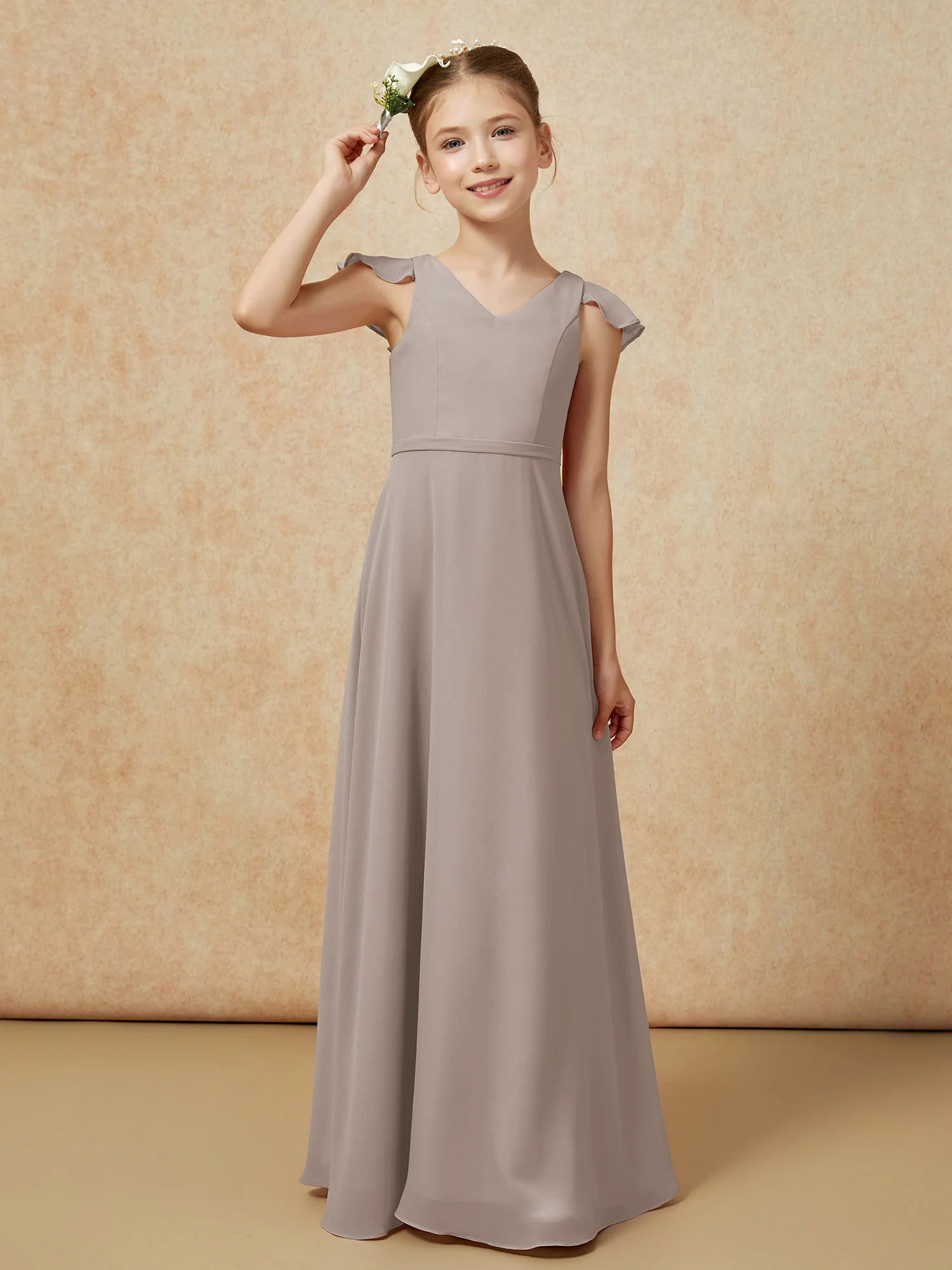 Flutter Sleeves Chiffon A-Line Junior Bridesmaid Dresses Taupe - Image 6