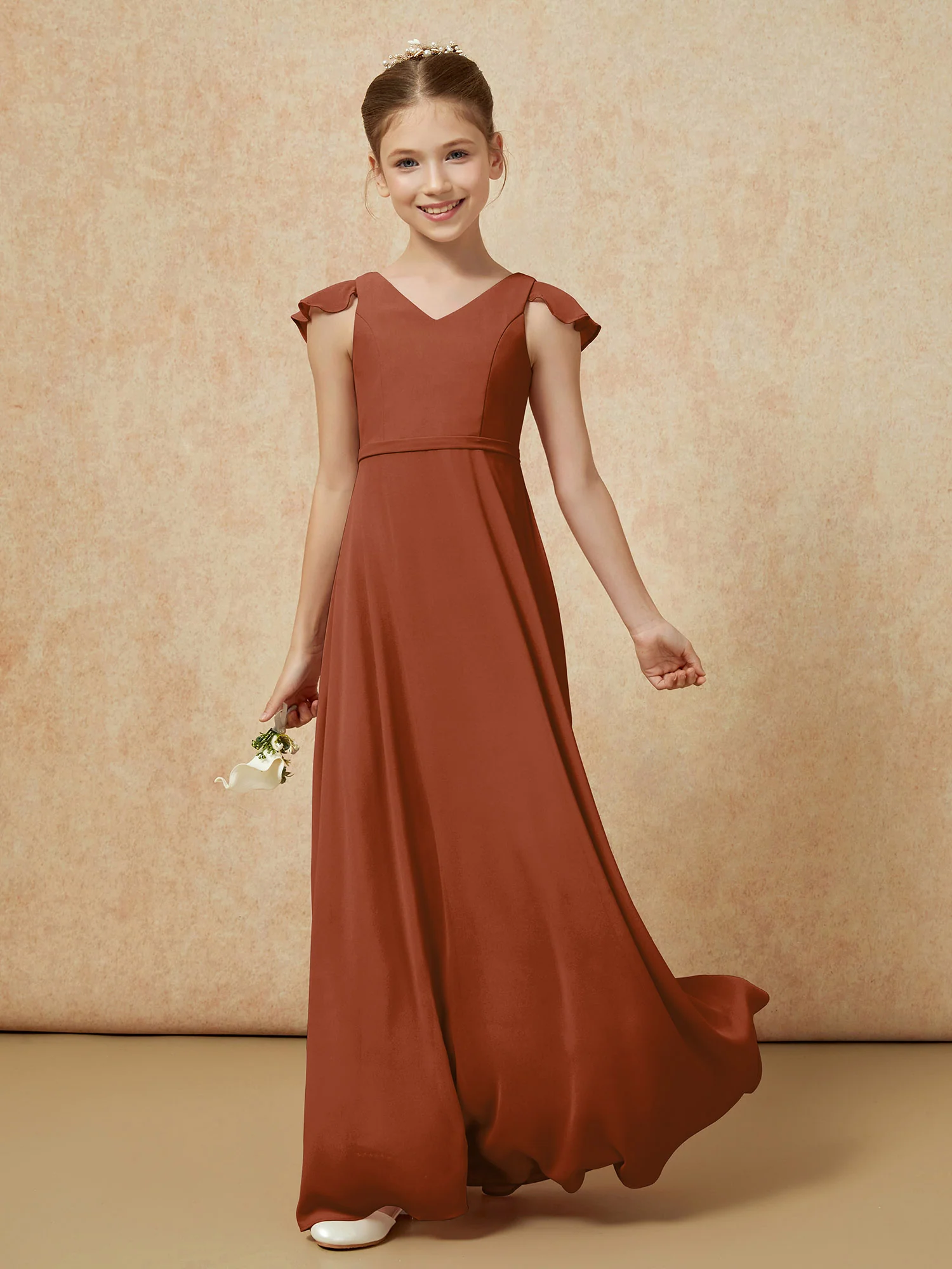 Flutter Sleeves Chiffon A-Line Junior Bridesmaid Dresses Terracotta - Image 3