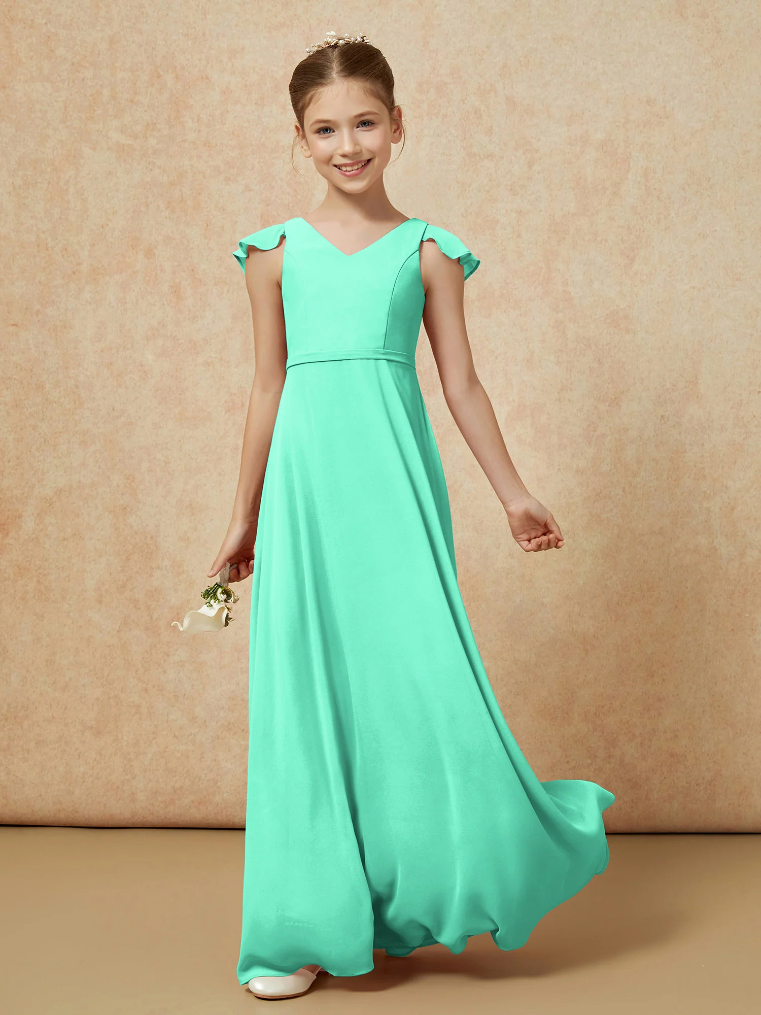 Flutter Sleeves Chiffon A-Line Junior Bridesmaid Dresses Turquoise - Image 3