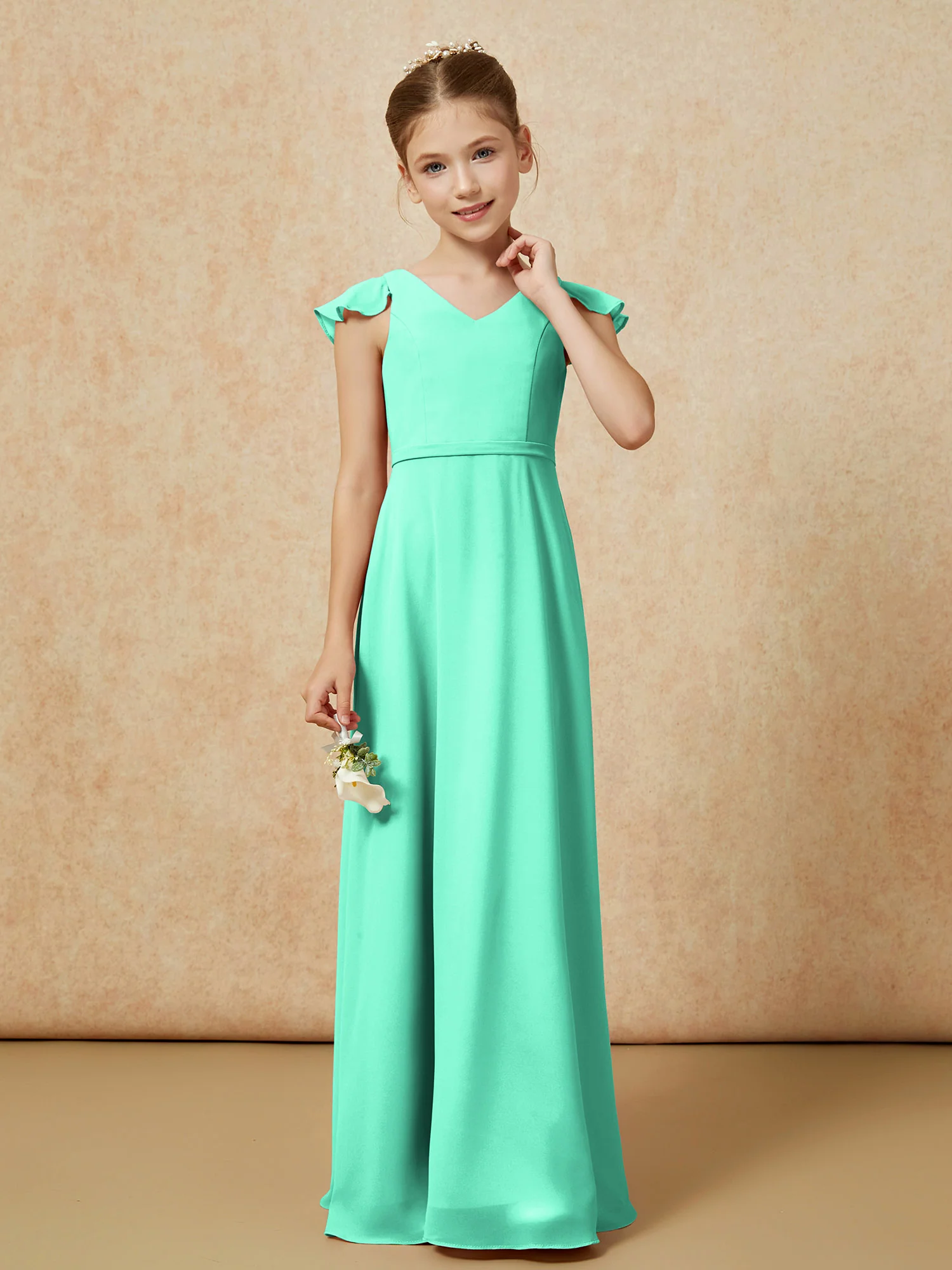 Flutter Sleeves Chiffon A-Line Junior Bridesmaid Dresses Turquoise - Image 4