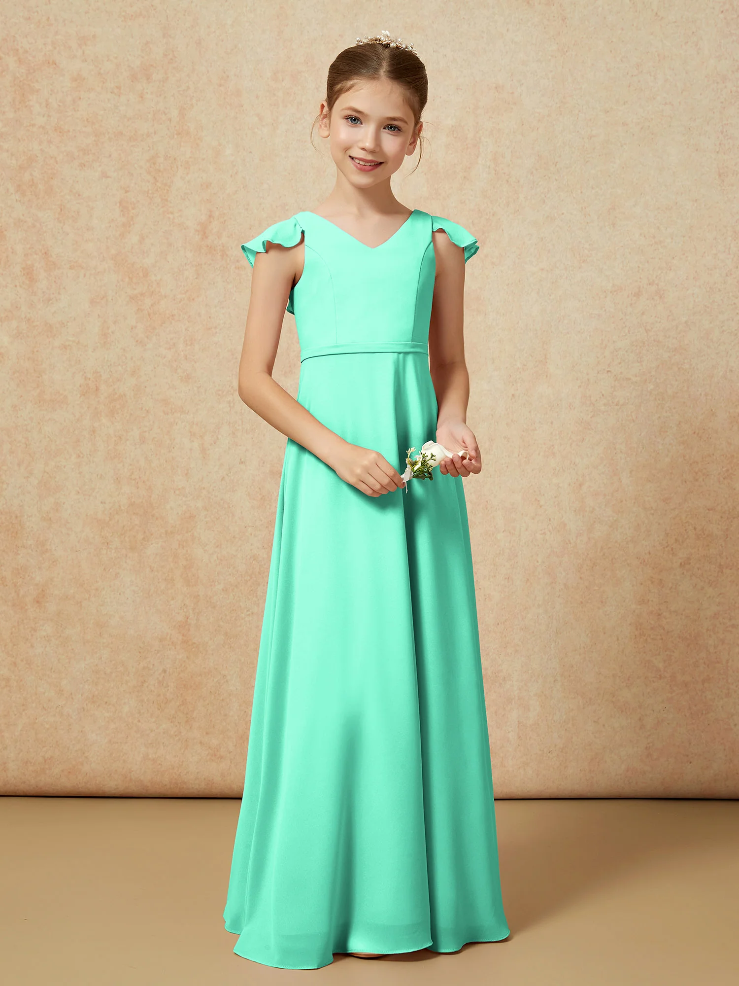 Flutter Sleeves Chiffon A-Line Junior Bridesmaid Dresses Turquoise - Image 5
