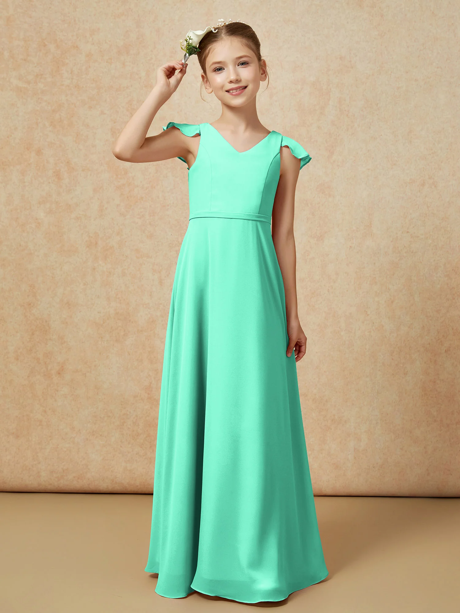 Flutter Sleeves Chiffon A-Line Junior Bridesmaid Dresses Turquoise - Image 6