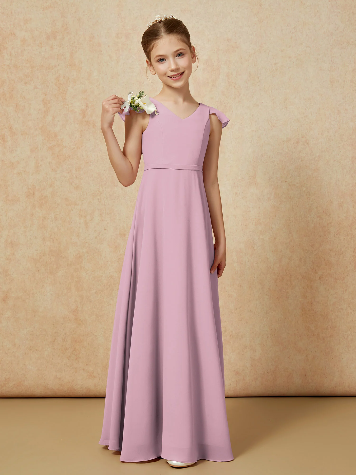 Flutter Sleeves Chiffon A-Line Junior Bridesmaid Dresses Vintage Mauve
