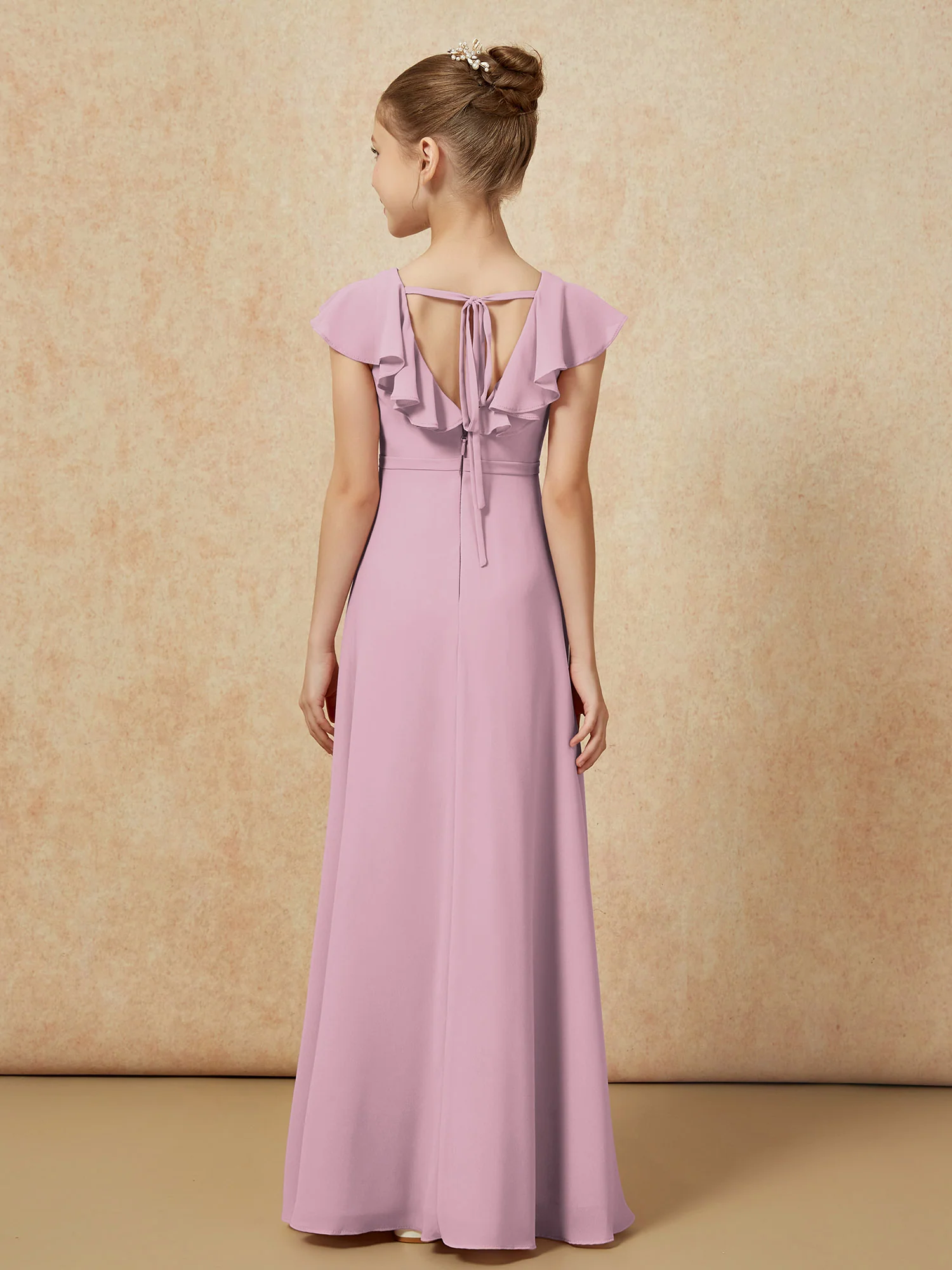 Flutter Sleeves Chiffon A-Line Junior Bridesmaid Dresses Vintage Mauve - Image 2