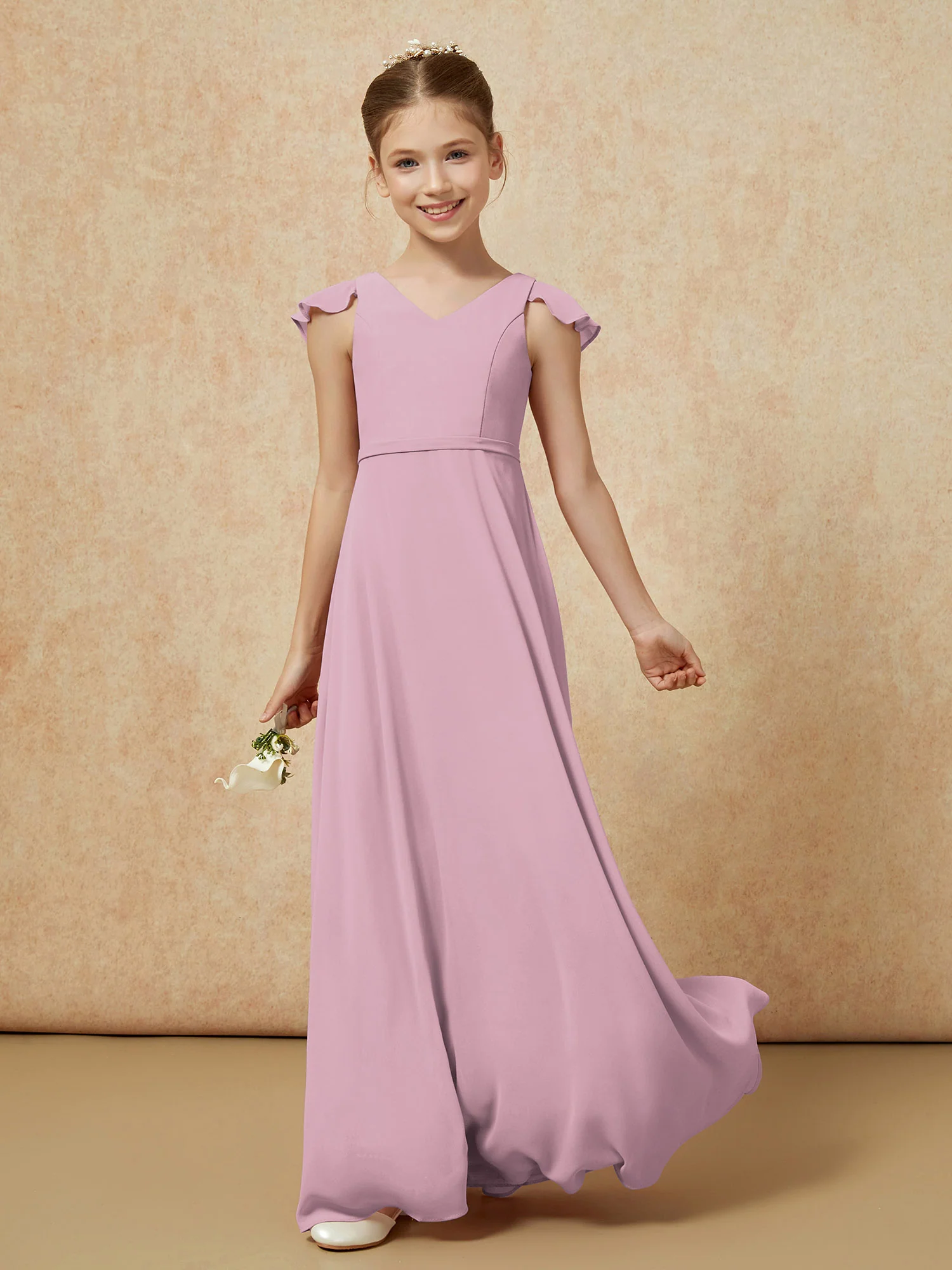 Flutter Sleeves Chiffon A-Line Junior Bridesmaid Dresses Vintage Mauve - Image 3
