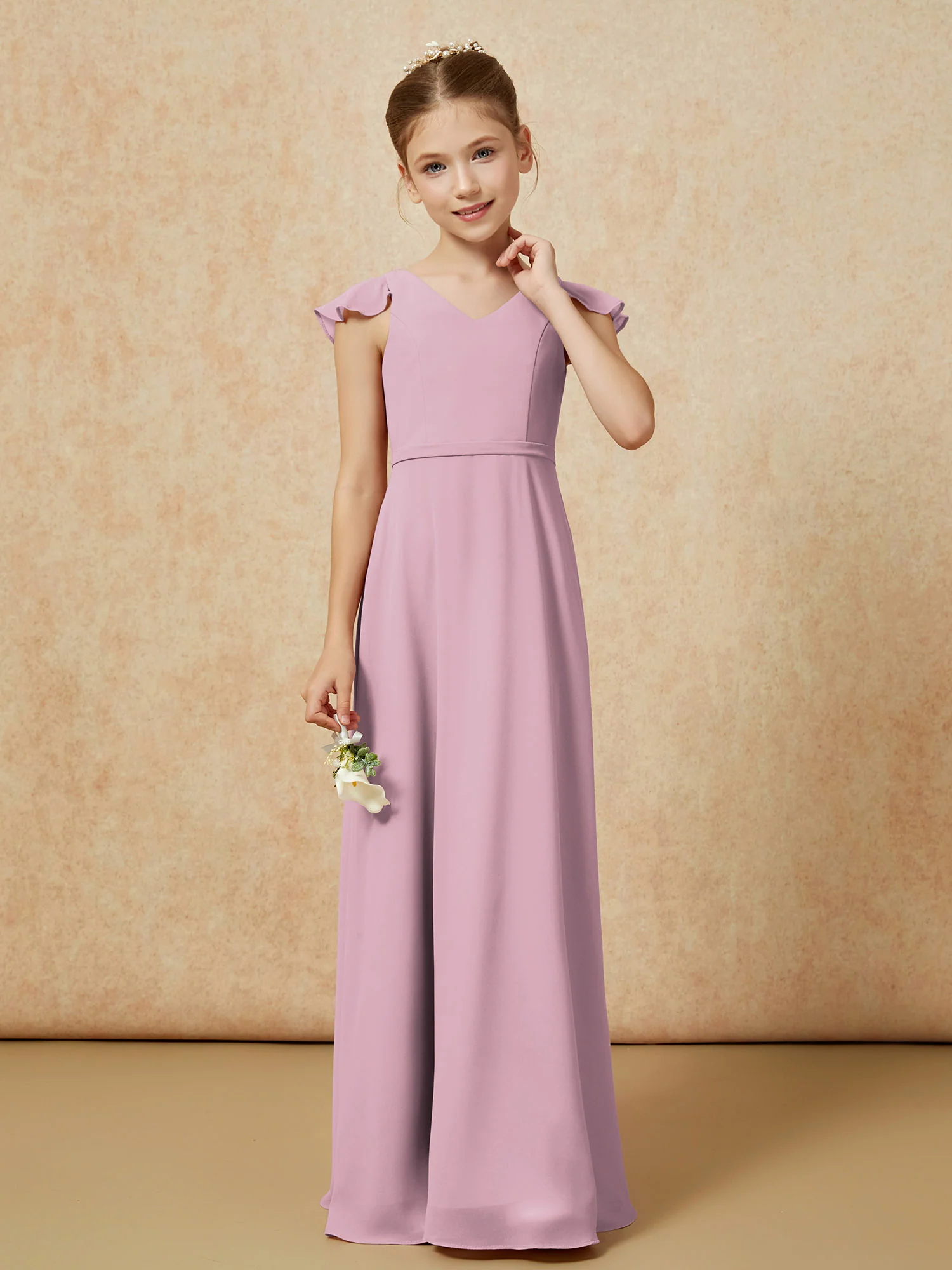 Flutter Sleeves Chiffon A-Line Junior Bridesmaid Dresses Vintage Mauve - Image 4