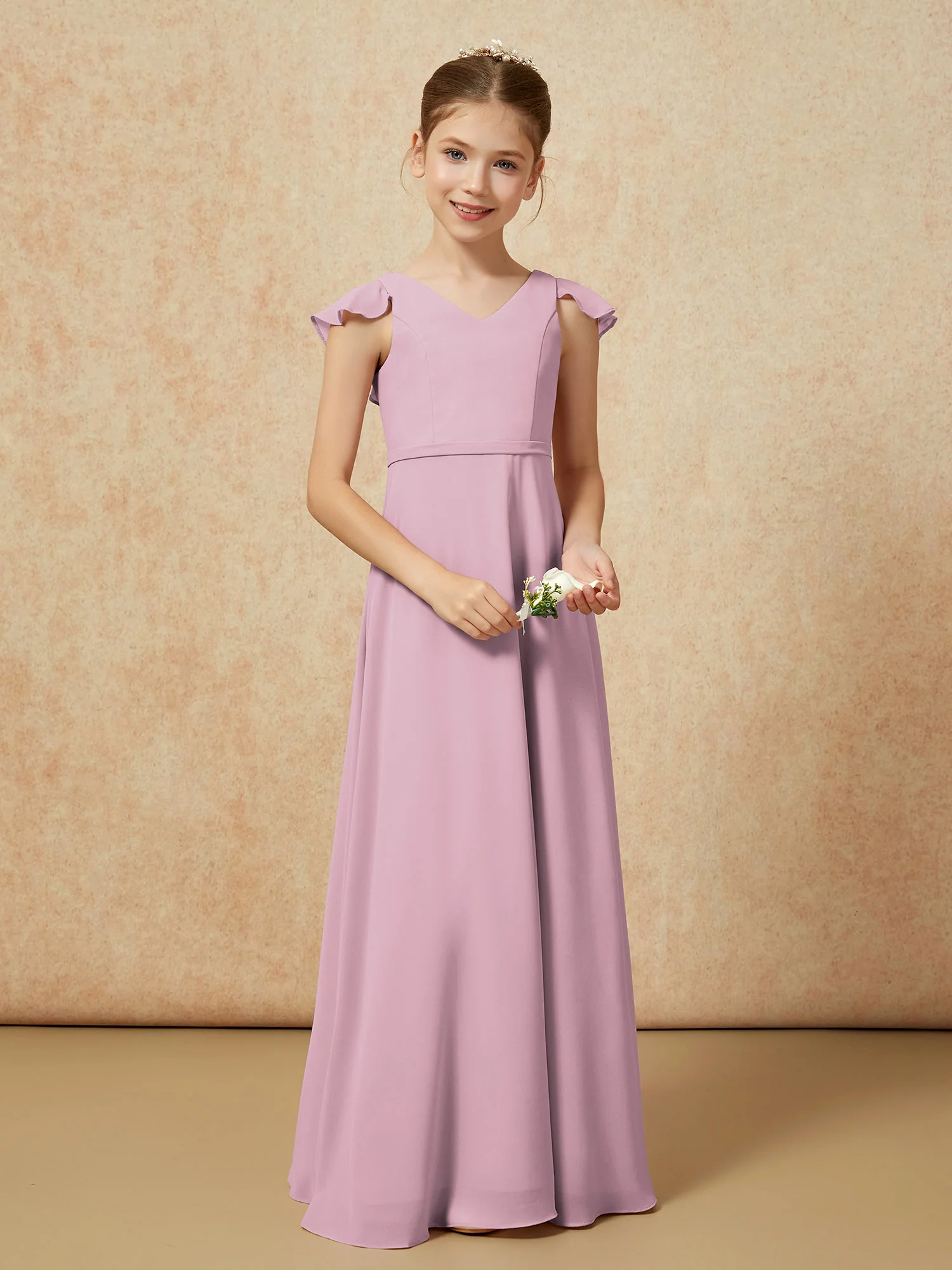 Flutter Sleeves Chiffon A-Line Junior Bridesmaid Dresses Vintage Mauve - Image 5