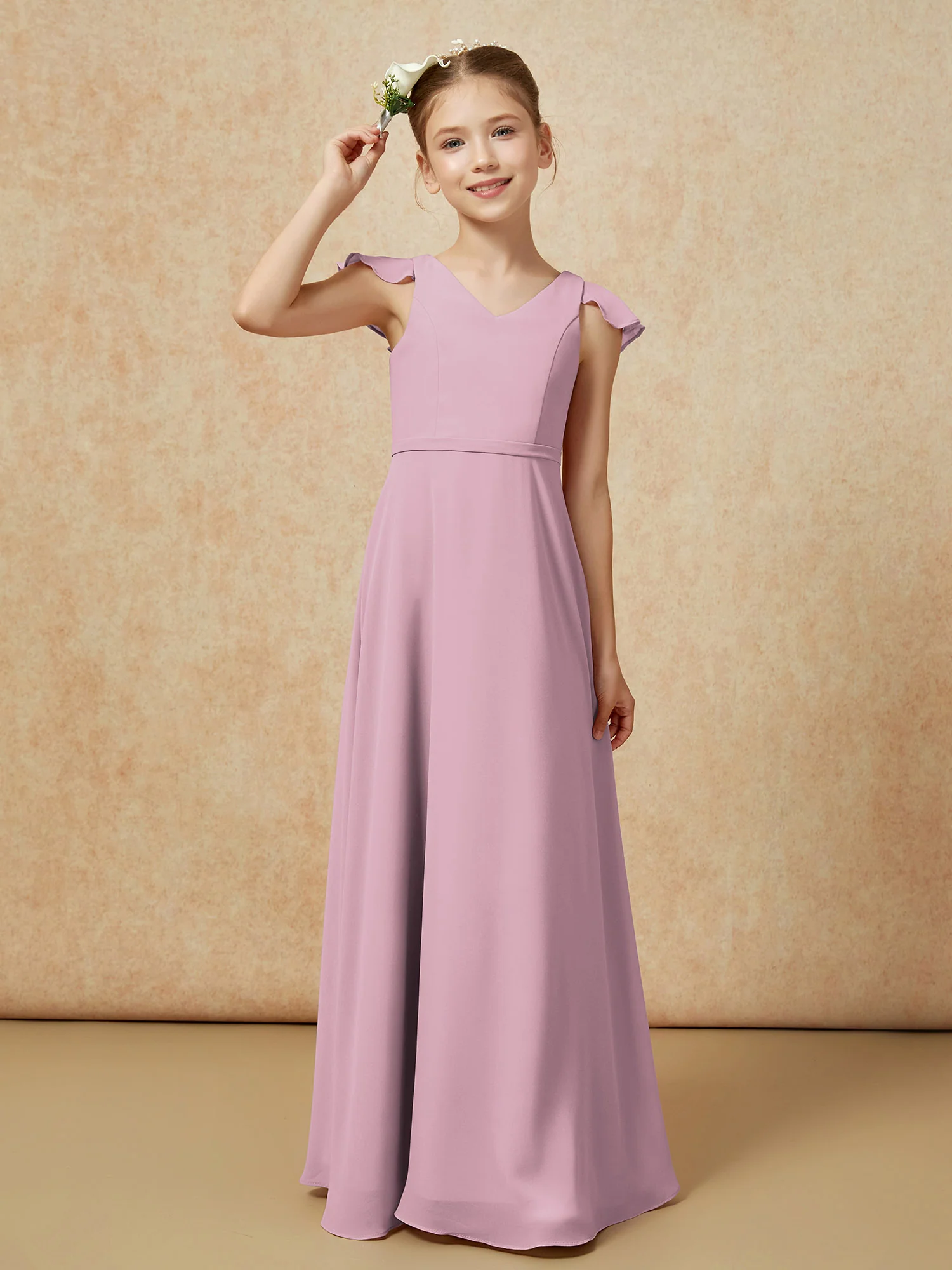 Flutter Sleeves Chiffon A-Line Junior Bridesmaid Dresses Vintage Mauve - Image 6