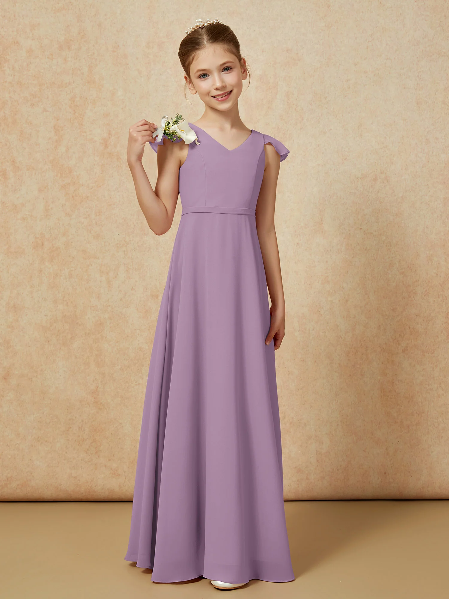 Flutter Sleeves Chiffon A-Line Junior Bridesmaid Dresses Wisteria