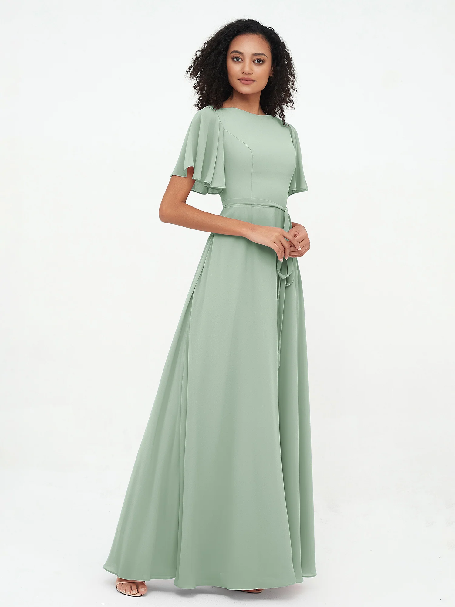 Flutter Sleeves Chiffon Max Dresses with Sash Bow Agave - Image 3
