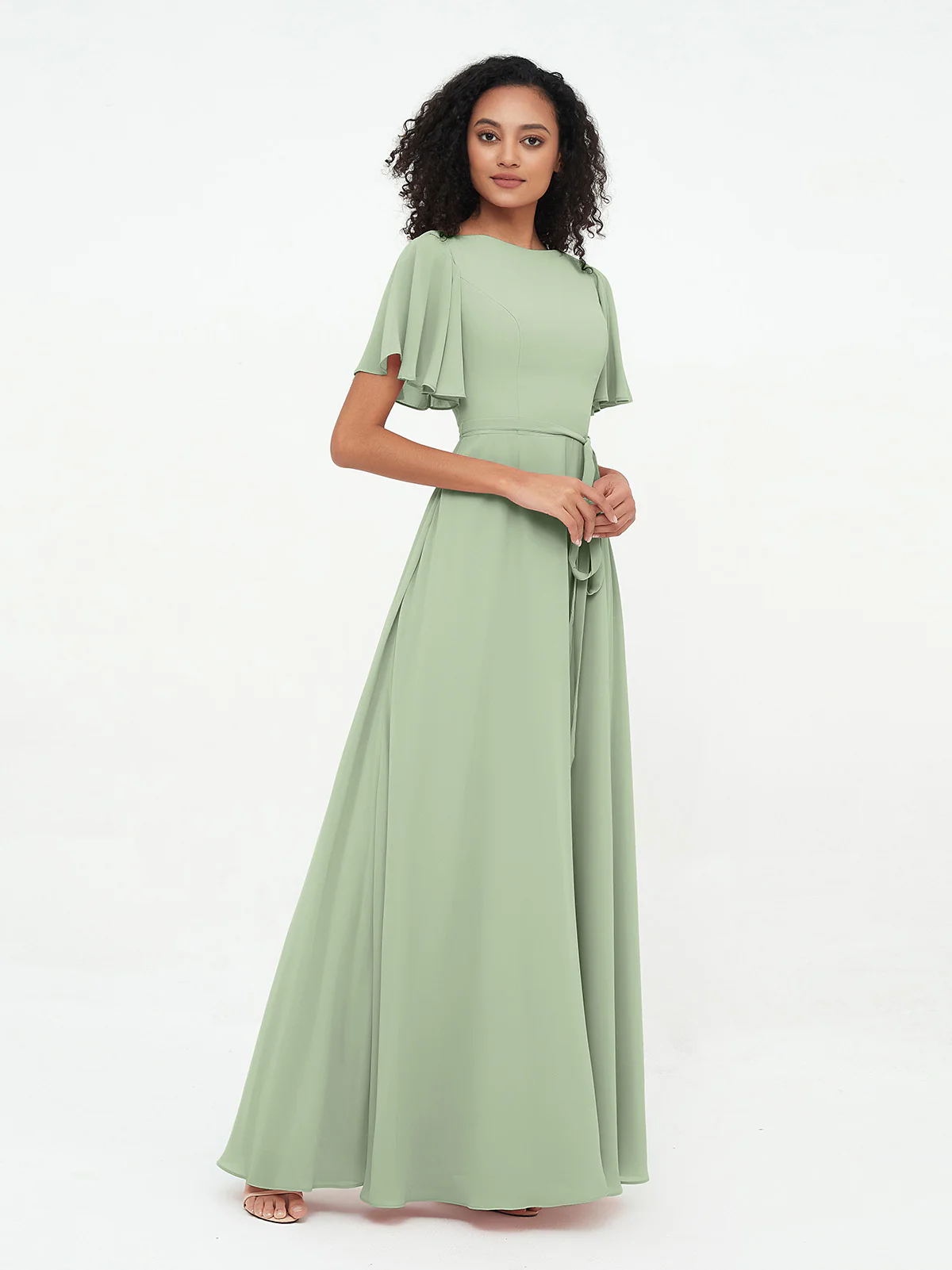 Flutter Sleeves Chiffon Max Dresses with Sash Bow Clearance - Image 3
