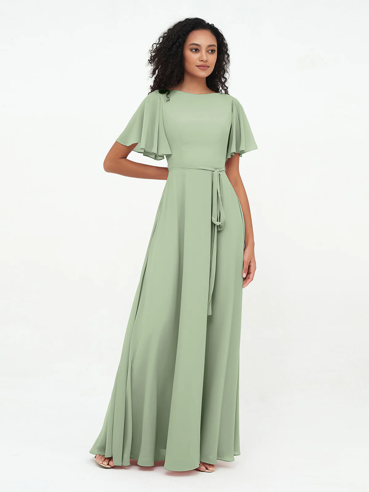 Flutter Sleeves Chiffon Max Dresses with Sash Bow Clearance - Image 4