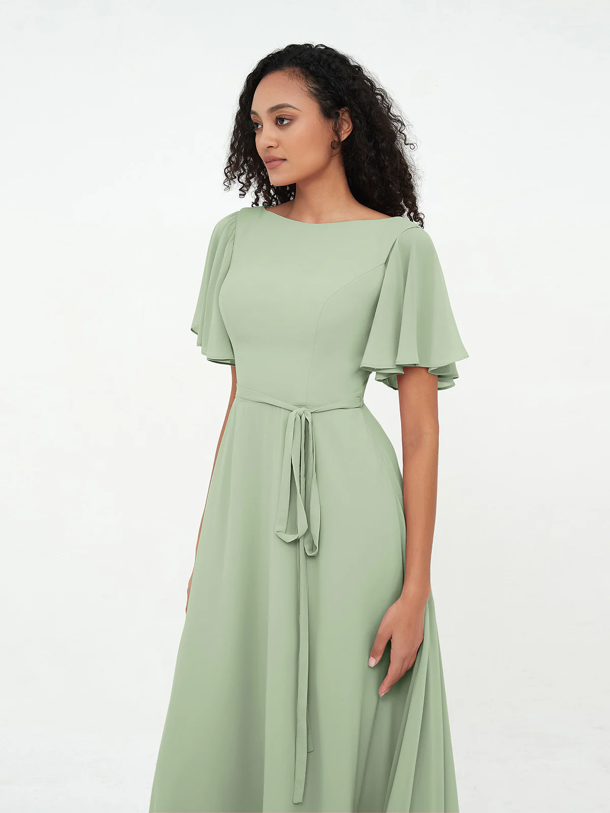 Flutter Sleeves Chiffon Max Dresses with Sash Bow Clearance - Image 5