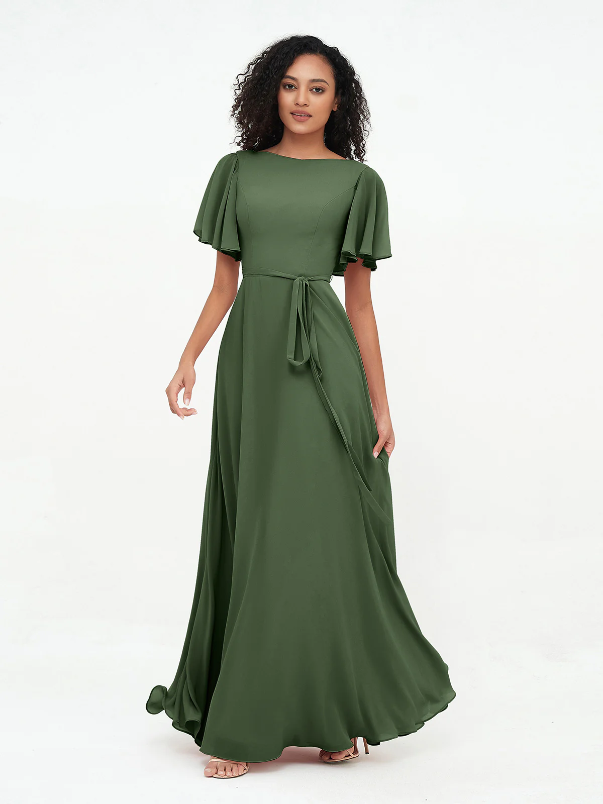 Flutter Sleeves Chiffon Max Dresses with Sash Bow Clearance - Image 6