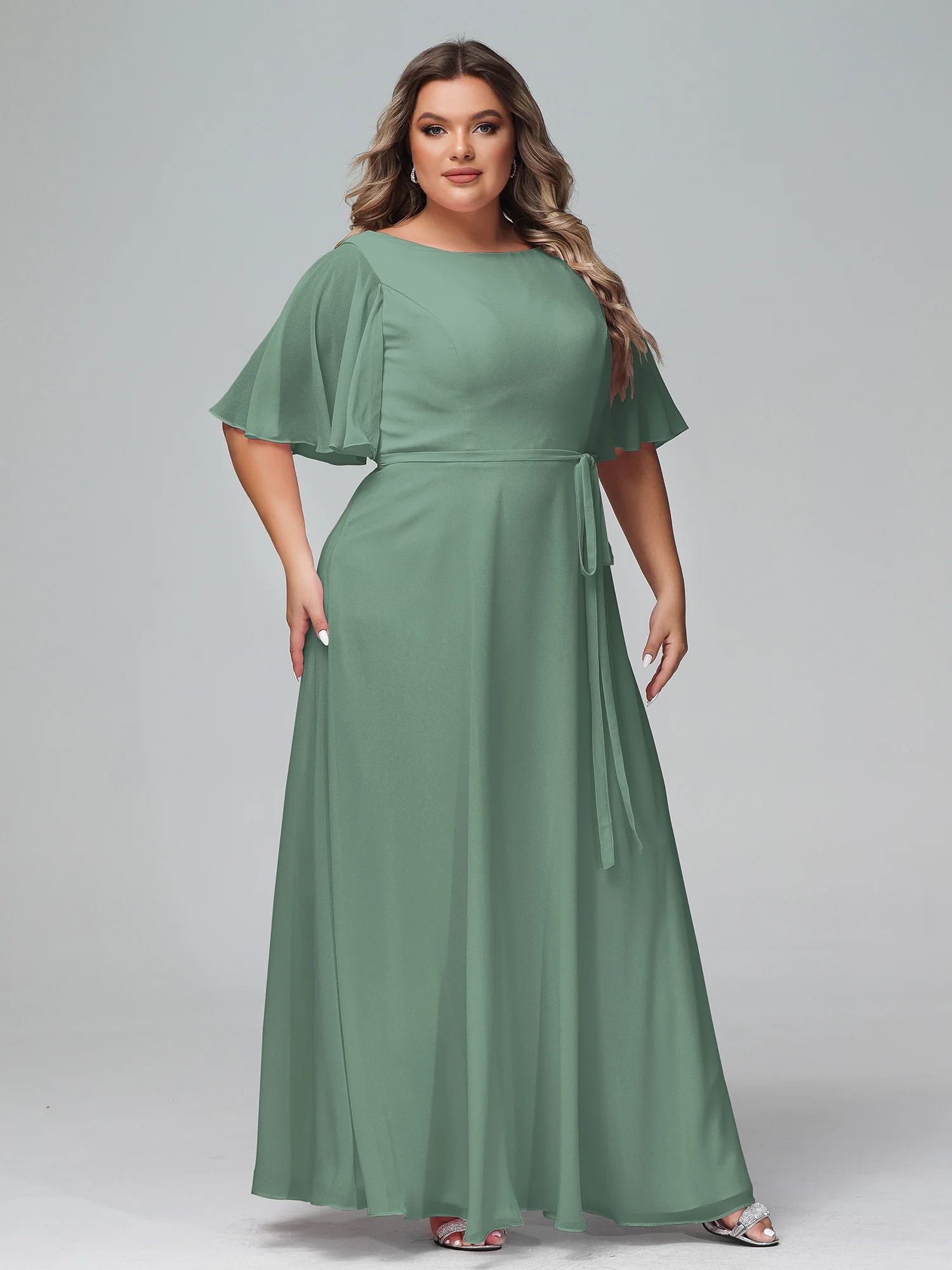 Flutter Sleeves Chiffon Max Dresses with Sash Bow Eucalyptus - Image 11