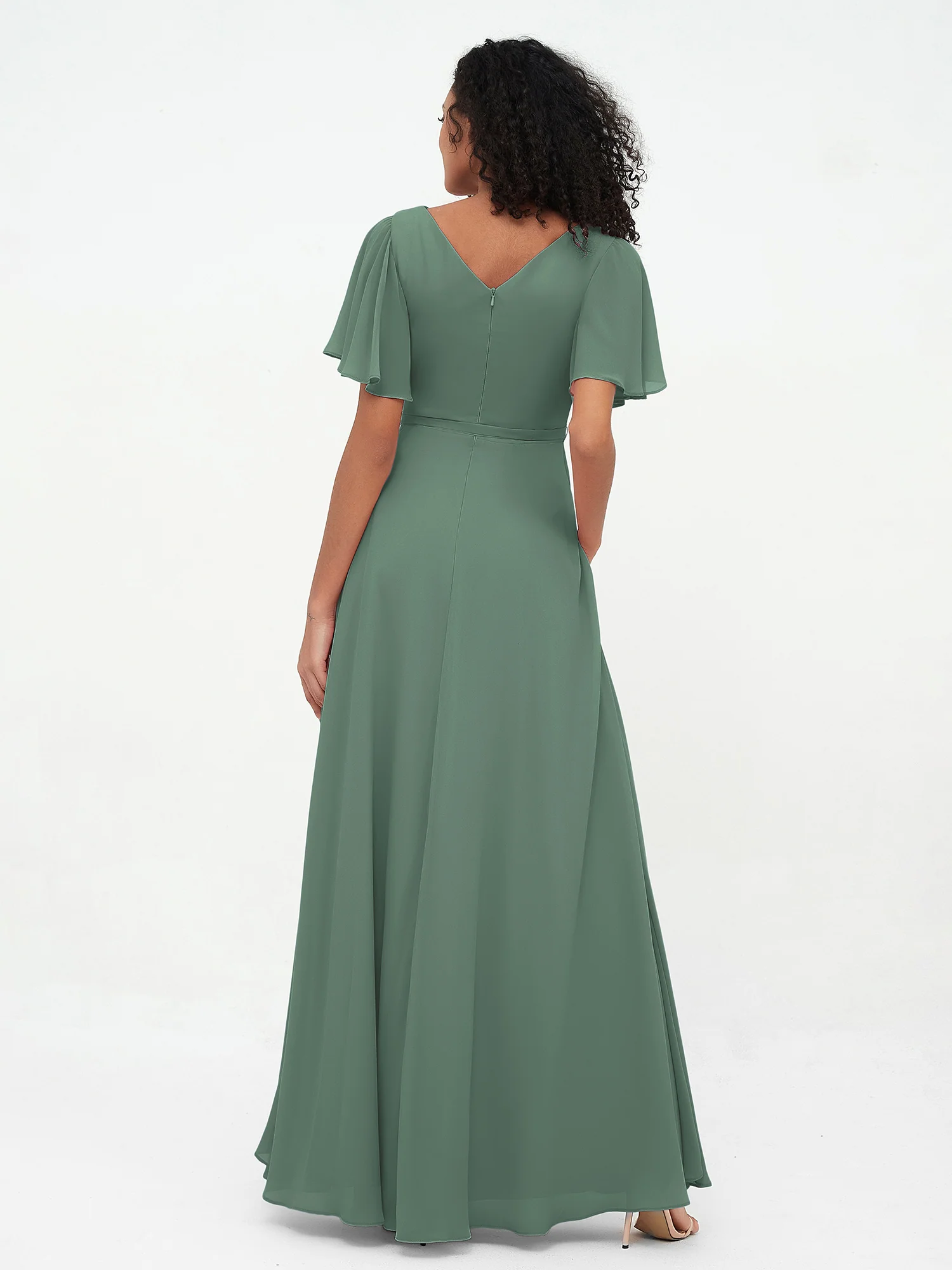 Flutter Sleeves Chiffon Max Dresses with Sash Bow Eucalyptus - Image 2