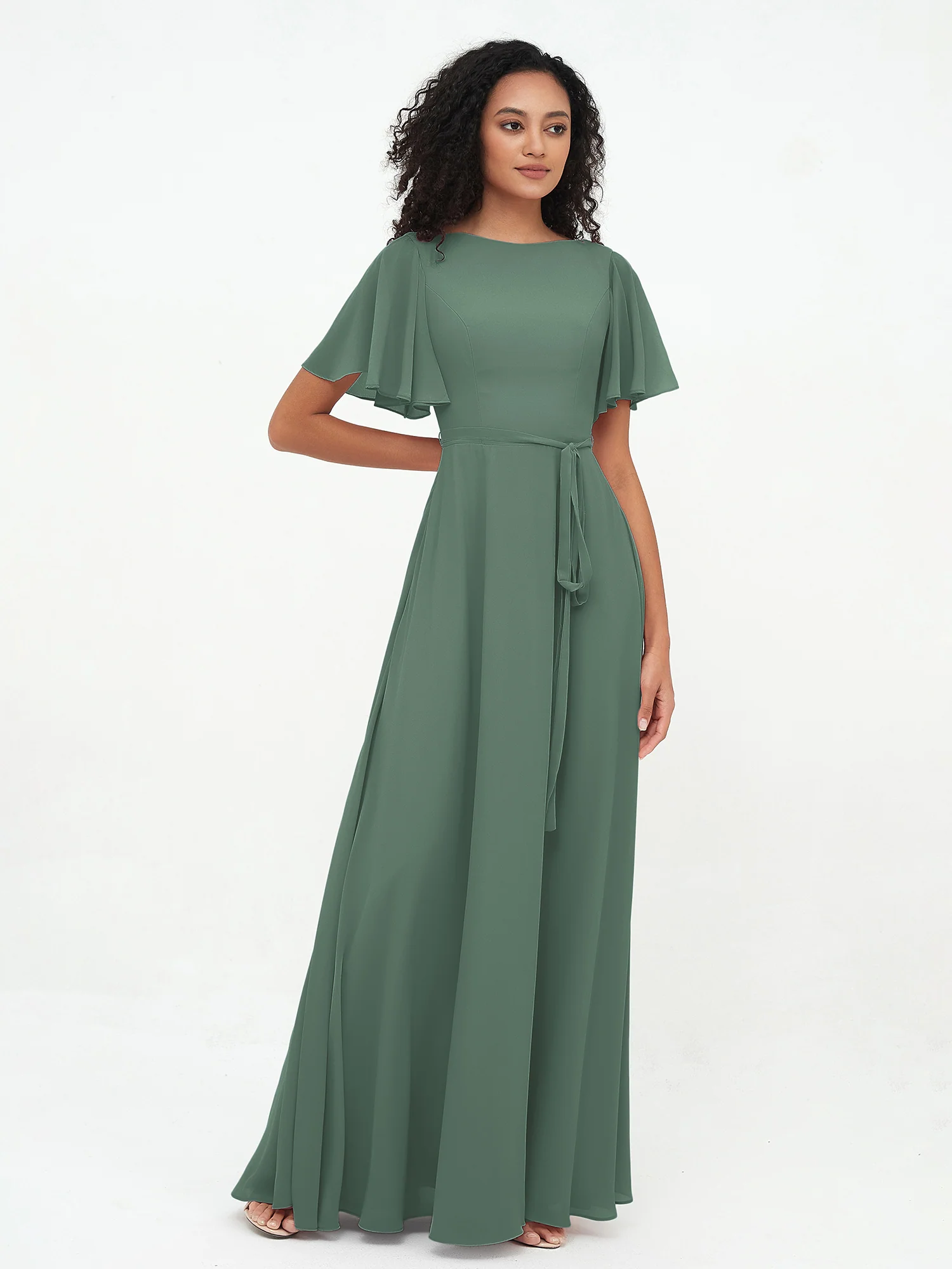 Flutter Sleeves Chiffon Max Dresses with Sash Bow Eucalyptus - Image 4