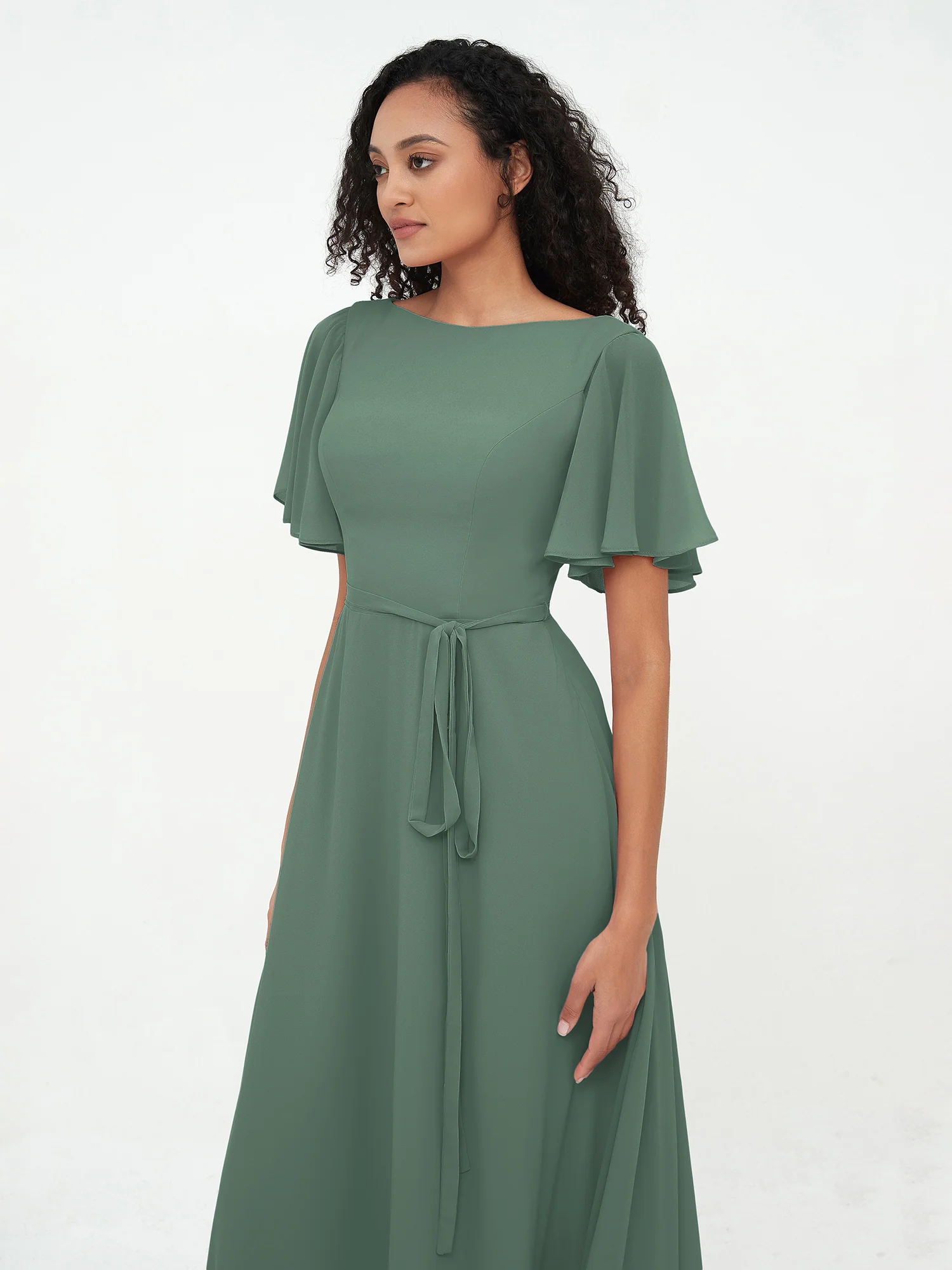 Flutter Sleeves Chiffon Max Dresses with Sash Bow Eucalyptus - Image 5
