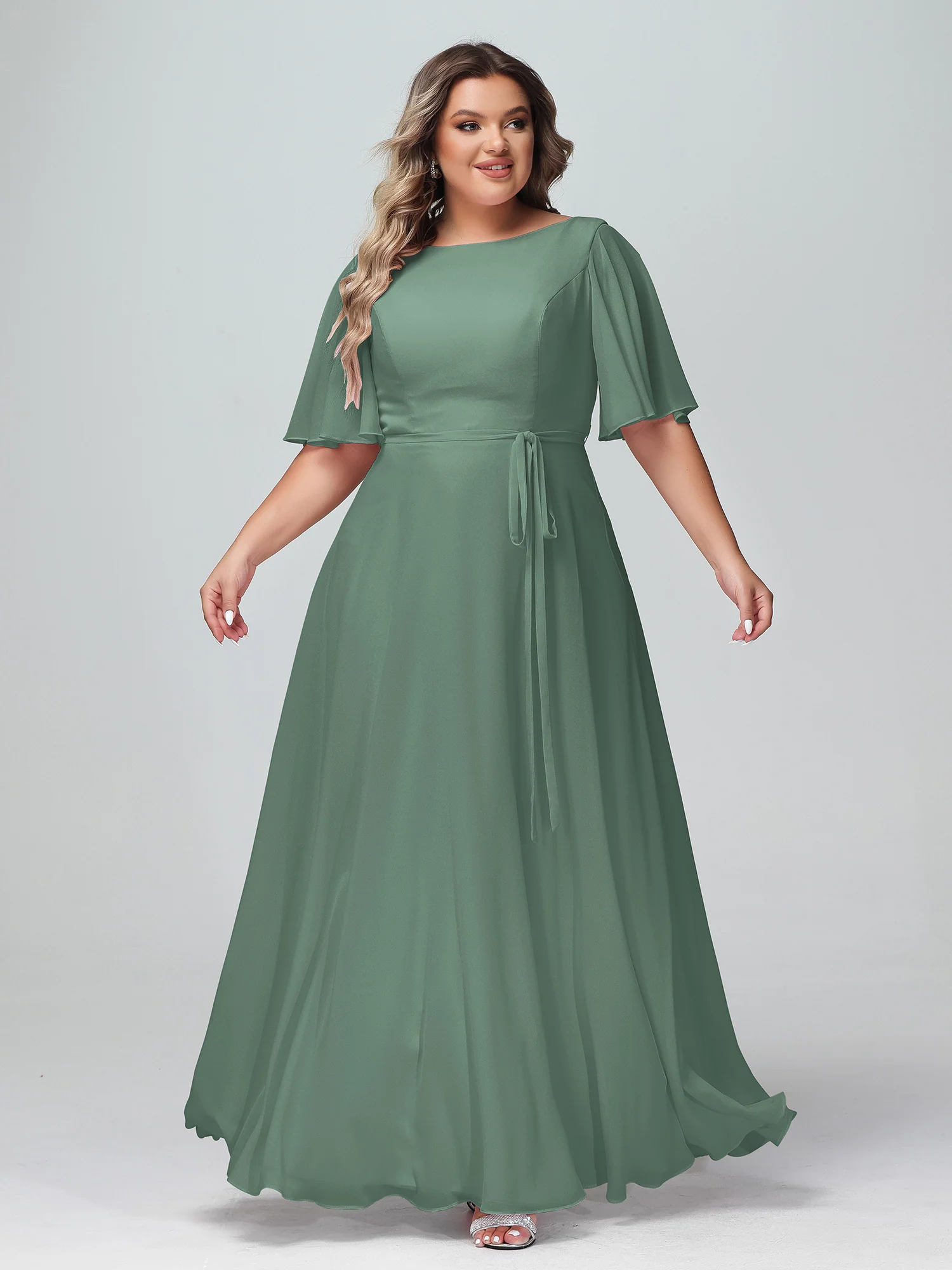 Flutter Sleeves Chiffon Max Dresses with Sash Bow Eucalyptus - Image 6