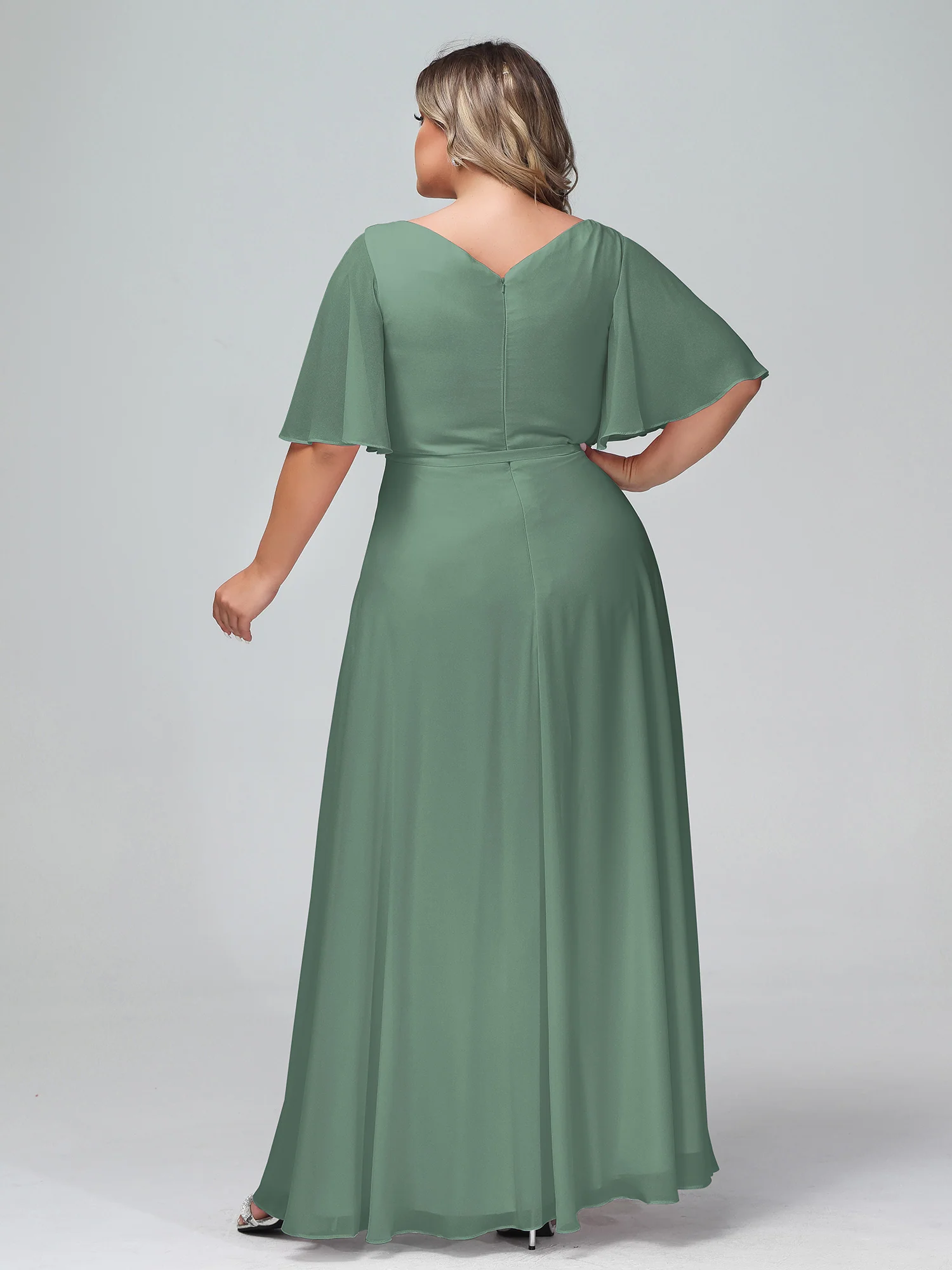 Flutter Sleeves Chiffon Max Dresses with Sash Bow Eucalyptus - Image 7