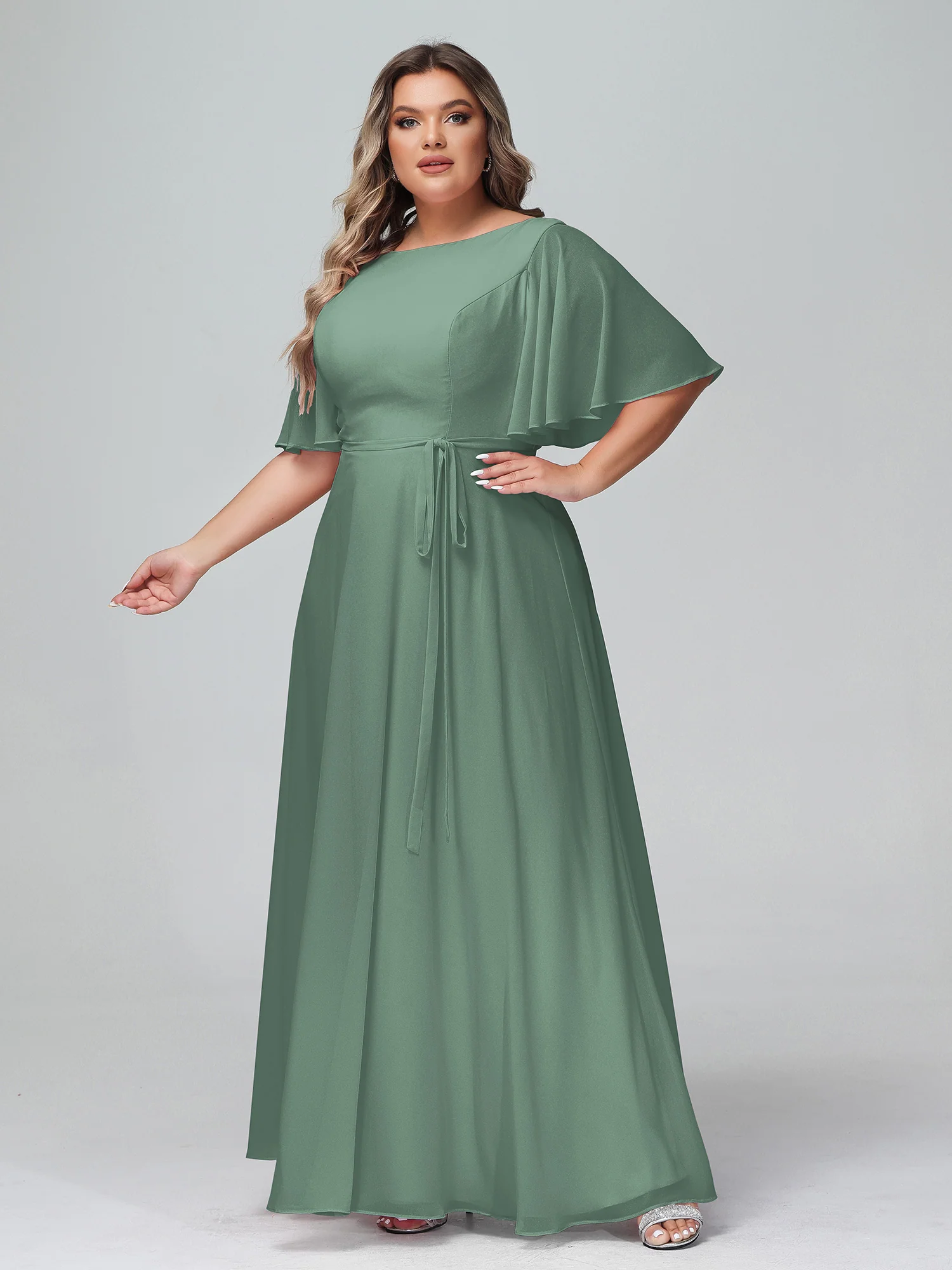Flutter Sleeves Chiffon Max Dresses with Sash Bow Eucalyptus - Image 8