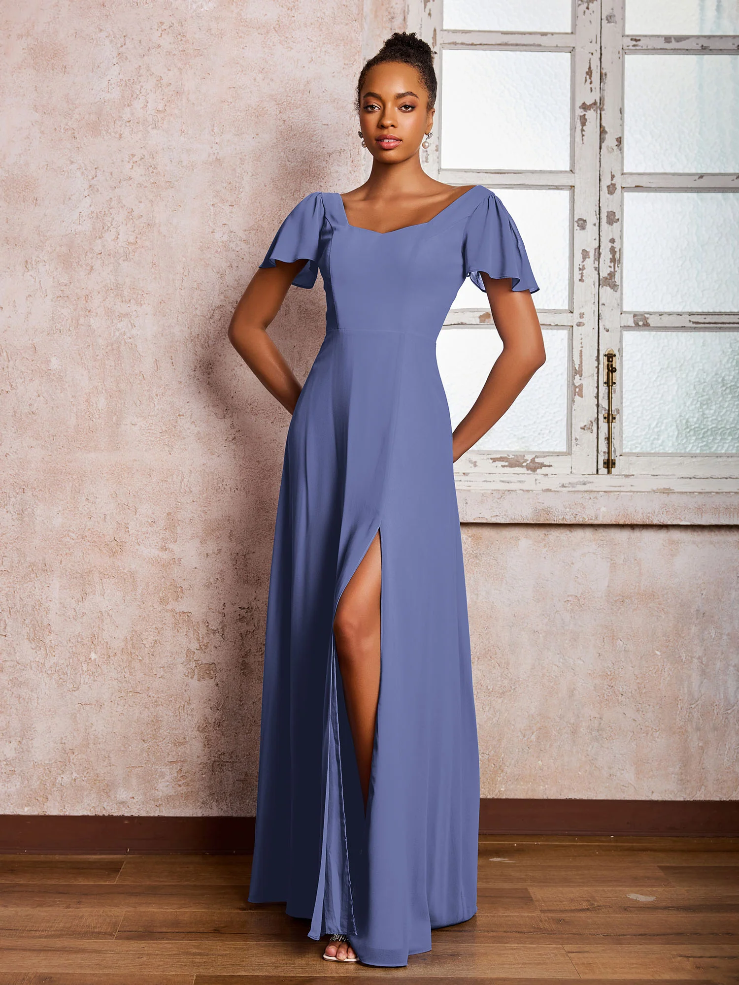 Flutter Sleeves Chiffon Scoop A-line Dresses with Slit Periwinkle