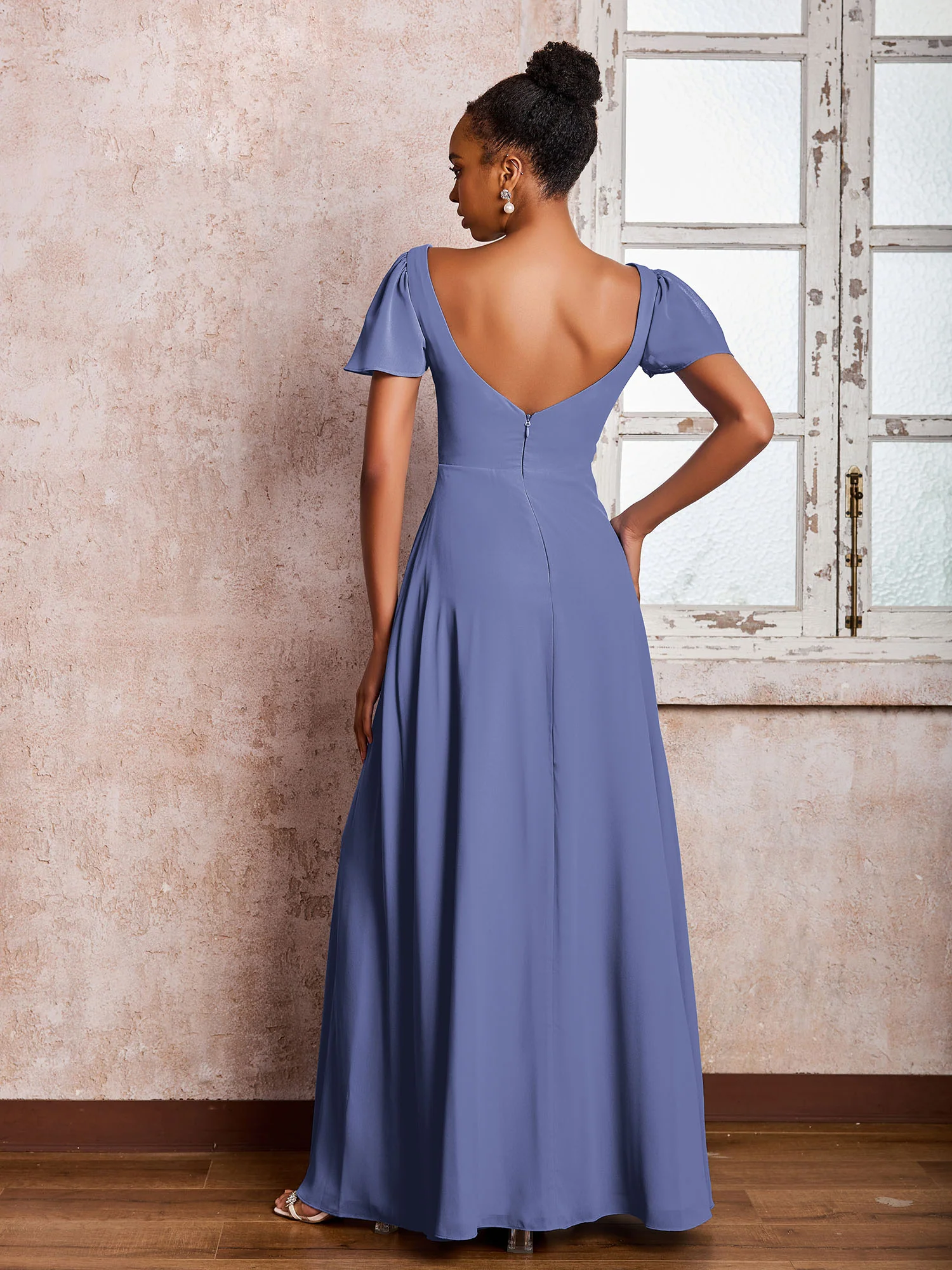 Flutter Sleeves Chiffon Scoop A-line Dresses with Slit Periwinkle - Image 2