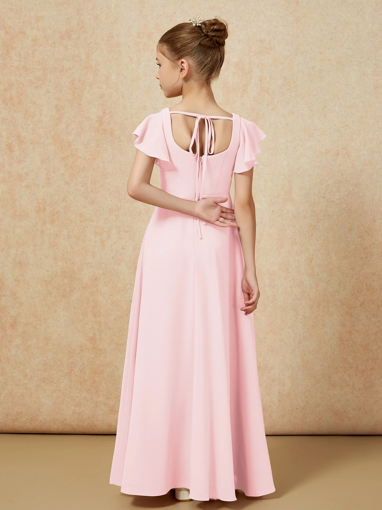 Flutter Sleeves Long Junior Bridesmaid Dresses With Slit Blushing Pink - Image 2